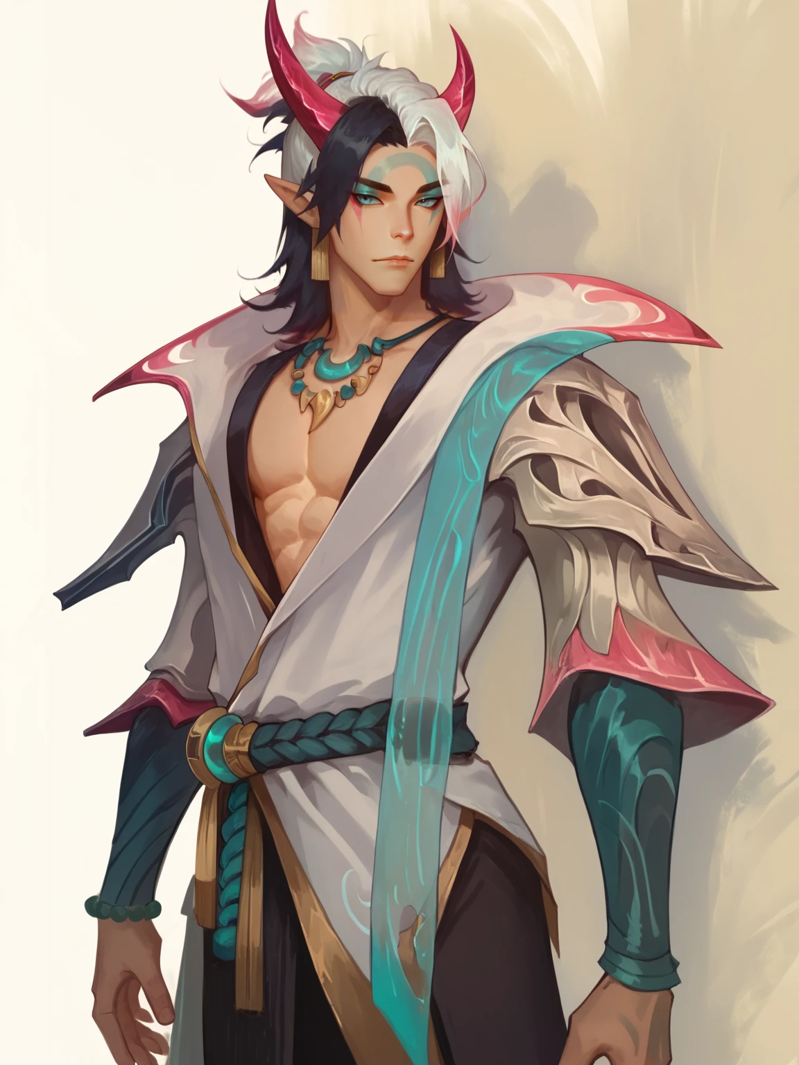 score_9, score_8_up, score_7_up, ApheliosSB, 1man, solo, with white and black hair, two color hair, yukata, two pink horns, face makeup, neackle, dark pants, dark boots, Leans shoulder on wall, wodeipoi <lora:ApheliosSB:1> <lora:wodeipoi:1>