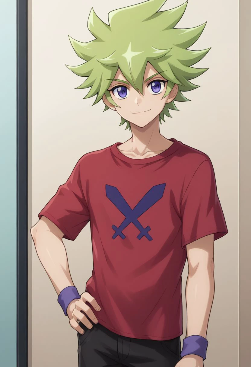 score_9, score_8_up, score_7_up, source_anime, 
roa, 1boy, male focus, solo, green hair, shirt, smile, looking at viewer, purple eyes,
spiked hair, hand on hip, wristband, pants, hair between eyes, blue eyes, red shirt, bangs, t-shirt, short sleeves, upper body,