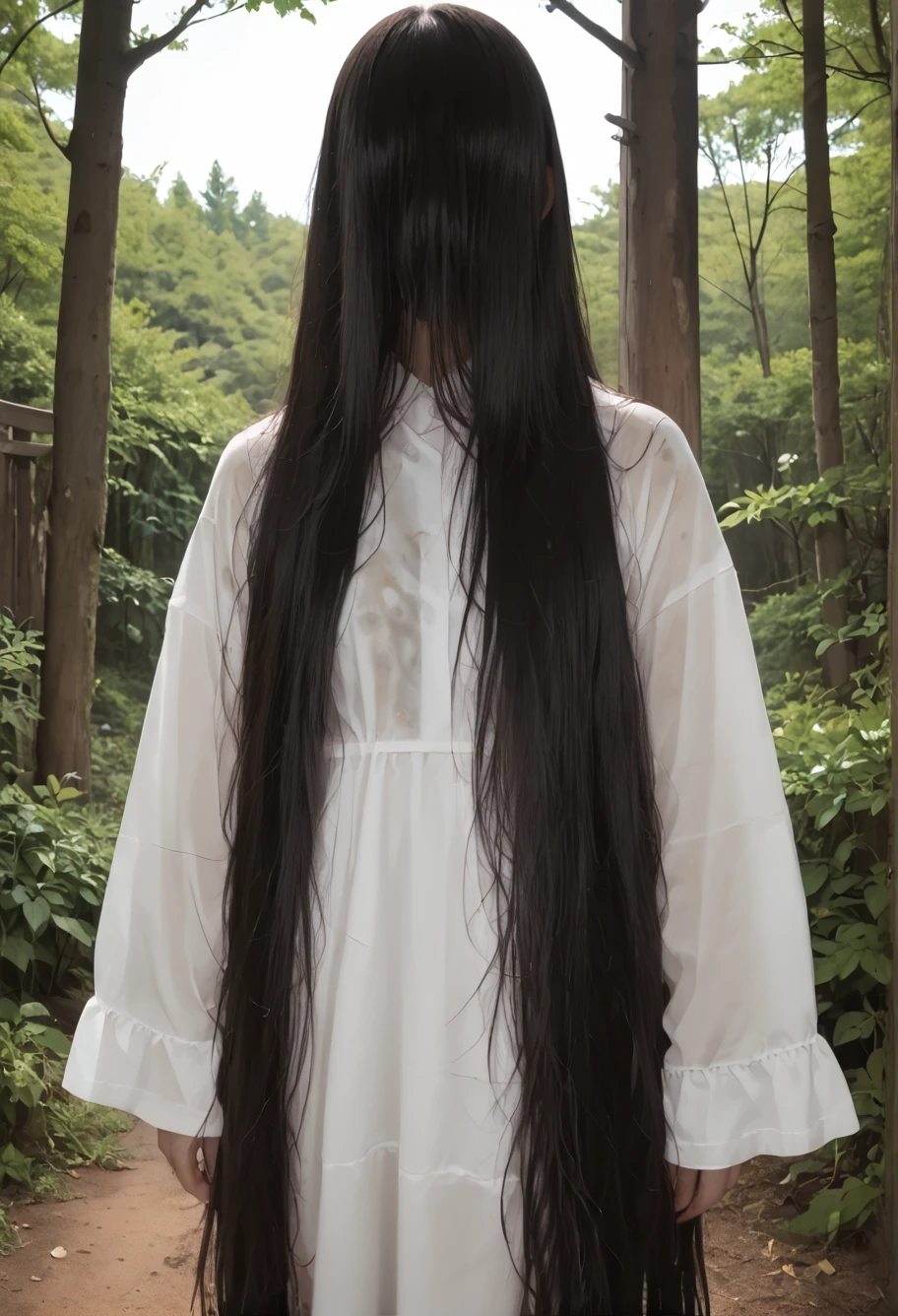 score_9,score_8_up,score_7_up,8k,hd,,ruyanyi0662,dirty,hair over eyes,sleeves past wrists,very long hair,cowboy shot,white dress,hair over face,reverse hair,Hair over body,horror \(theme\),<lora:0662 yamamura sadako_pony:1>