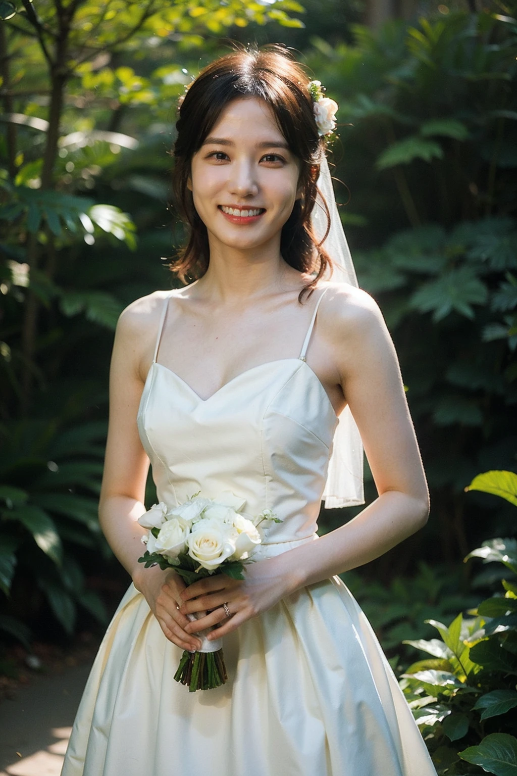 Best quality, masterpiece, ultra high res, (photorealistic), raw photo,1girl, small waist, cowboy shot,solo, realistic, dark forest, sun light, wedding dress, (slight grin), teeth, flowers,   <lora:makina69_parkeunbin_v1.0:1>