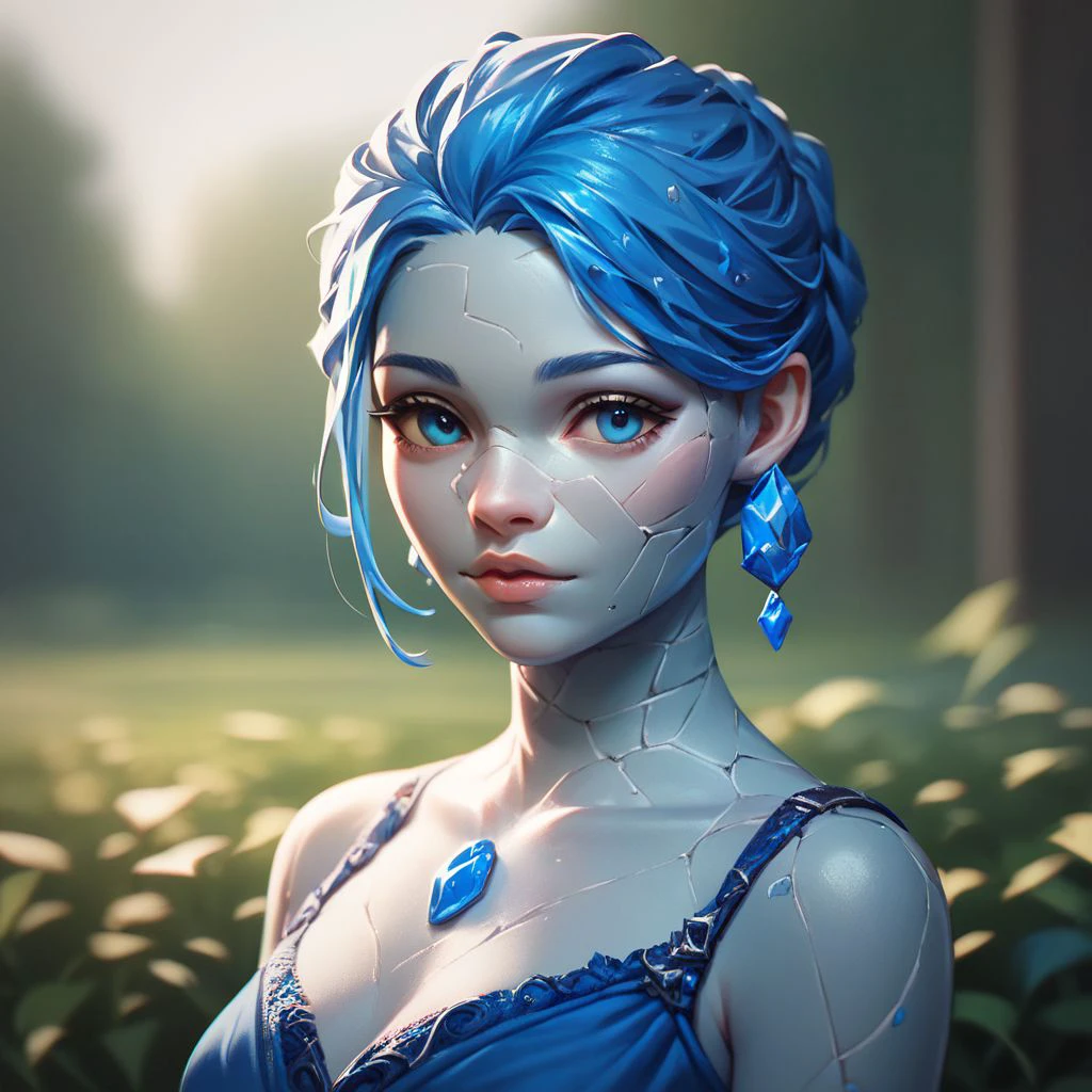 (((beautiful, high quality))), upper Body, score_9, score_8_up, score_7_up, 
easynegative, GenasiEarth,
1girl, stone skin, blue gems inclusions, blue gems hair, blue eyes, blue fantasy dress, 
looking at the viewer, posing, 
blurred background,