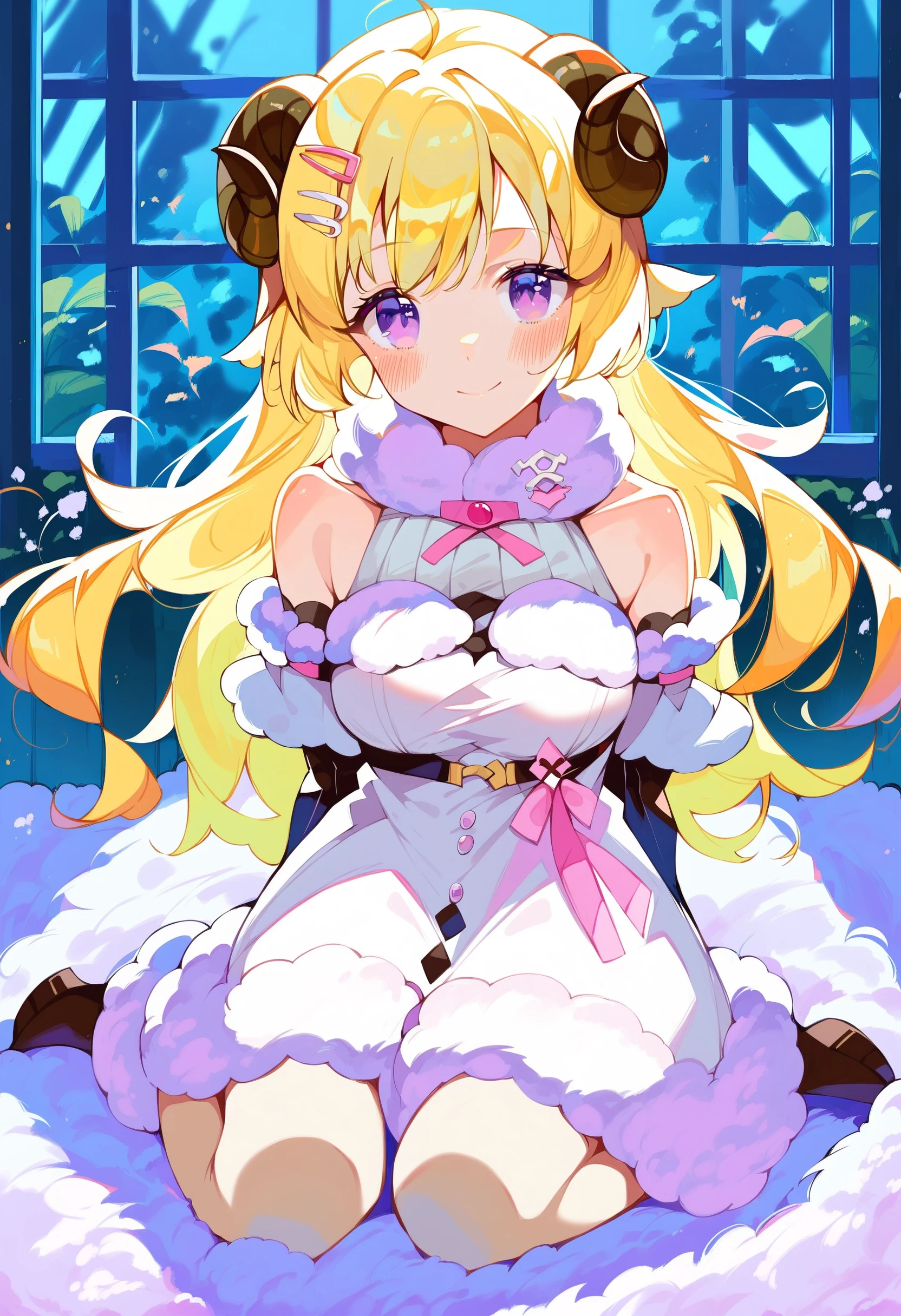 score_9, score_8_up, score_7_up, score_6_up, source anime,
tsunomaki watame, sheep girl, curled sheep horns, 1girl, long hair, sheep ears, solo, hair ornament, blonde hair, detached sleeves, hairclip, ahoge, fur trim, fur-trimmed sleeves, bare shoulders, white dress, fur-trimmed dress, medium breasts, 
purple eyes, looking at viewer, 
smile, blush, closed mouth, 
full body, sitting, close-up, arms behind back, leaning back,
indoors, white carpet,
tsunomaki default
<lora:monmusu_sheep_girl_v14:1>