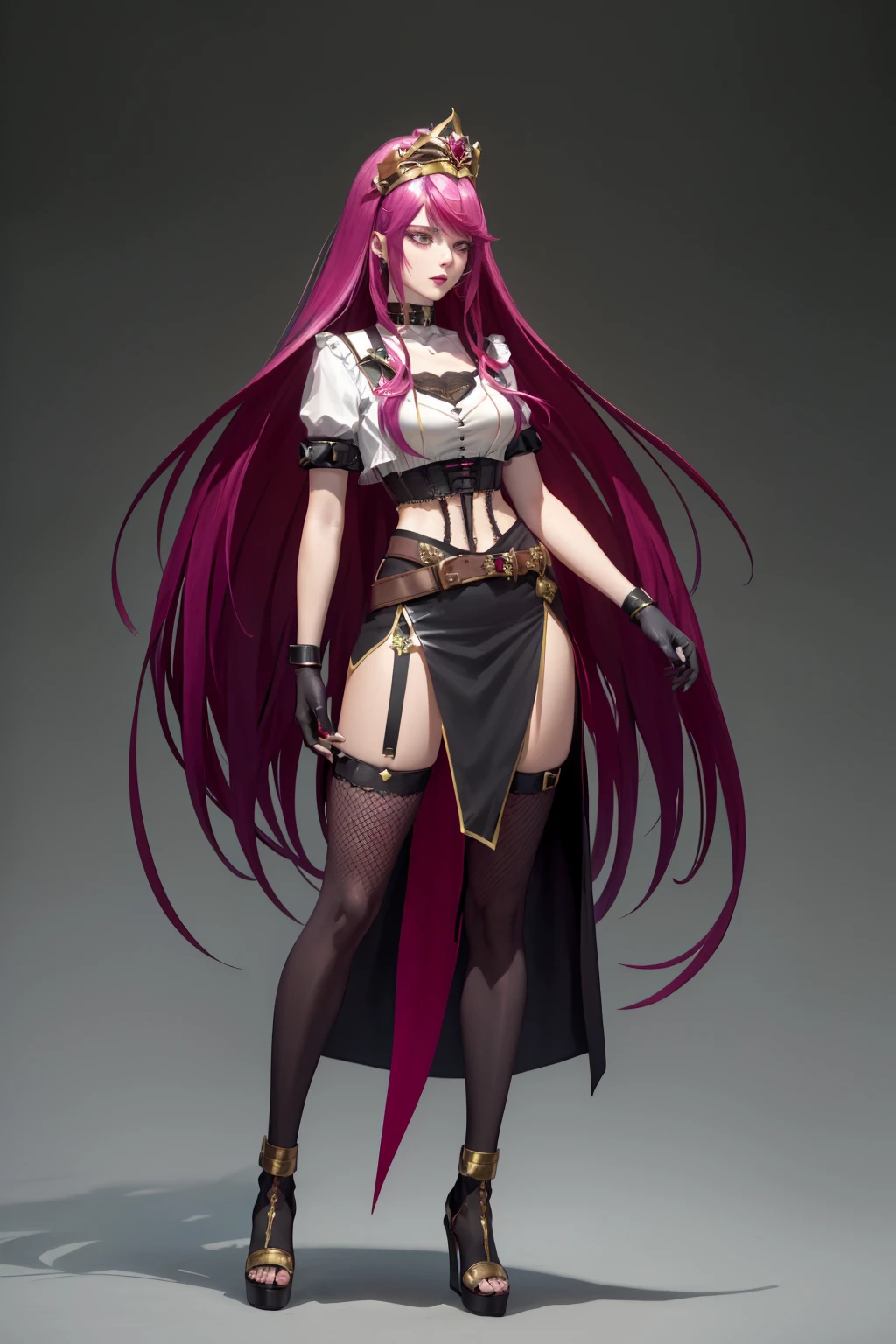 an accurate and detailed full body shot of a young adult female character named Rosaltis, a determined and mysterious aura, (Long flowing magenta hair with pink highlights:1.5), violet-indigo eyes, Seductive makeup, defined lips, (Imperial Veil Crown:1.3), (a white high collar crop top:1.7), (a gothic lace corset underneath crop top:1.4), (Long black opera gloves:1.1), (gold bracers:1.2), (A long black slit-skirt:1.3), Fishnet stockings, Red and gold garter belts, (knee-high Soft-knit wedge heels:1.2), A black belt with various trinkets, Flowing red ribbons, gold accent jewelry, masterpiece, high quality, 4K, rosaria(genshin impact), jessie pokemon, Altair Recreators,hair slicked back<lora:EMS-12256-EMS:0.500000>, <lora:EMS-36230-EMS:0.600000>, <lora:EMS-259677-EMS:0.700000>