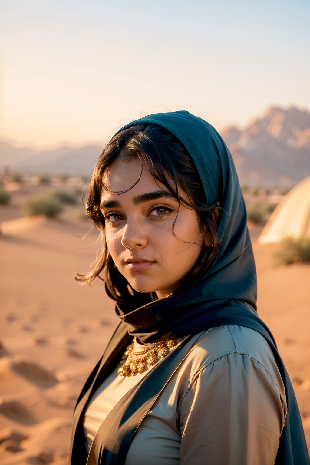  ((portrait, upper body focus)) photograph of (1girl, 24 years old, slight smile)>, <lora:ZH_GeraldineV_v1SD1.5:1>, zh_geraldinev, solo, realistic, brown eyes, dark skin, looking at viewer, wearing (tunic, loose veil)