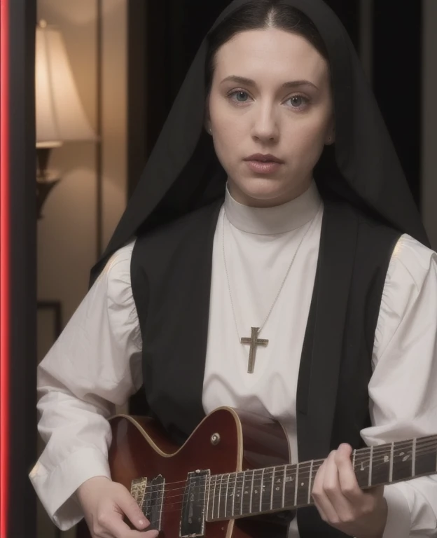 (t3itnu6:1.1) would like to have a word with you about the cloistering of the abbey and all the nuns listening to rock 'n' roll devil music even though she secretly listens to slayer before bedtime, <lora:Taissa Farmiga - The Nun_t3itnu6:0.8> , heavy metal mayhem, playing a gibson explorer,