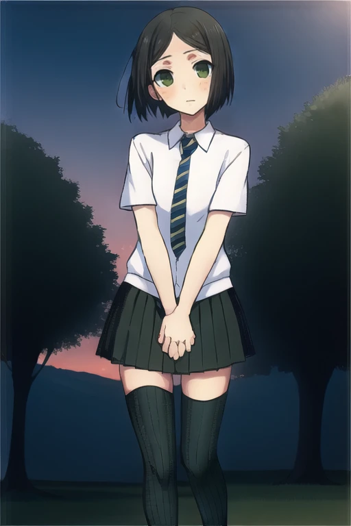 masterpiece, outdoors, day, 
front view, solo, 
1girl, standing, looking_at_viewer, 
<lora:woman_of_el-melloi_final:1>, woem, waver velvet, bangs, black hair, bob cut, genderswap, genderswap (mtf), green eyes, short hair, parted bangs, school uniform, necktie, sweater, miniskirt, skirt, pleated skirt, shoes, socks, black thighhighs, thighhighs, zettai ryouiki,