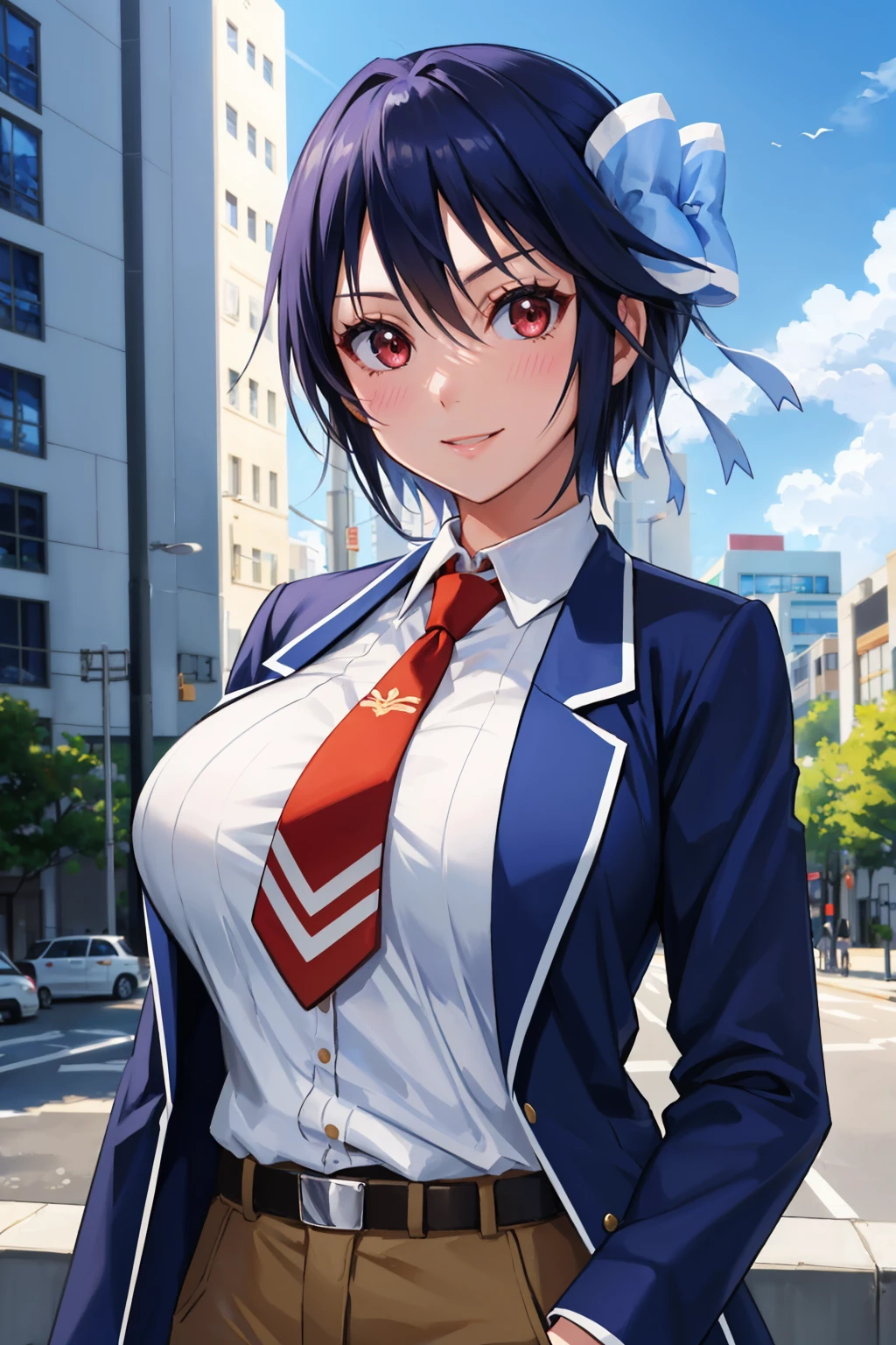 masterpiece, best quality, 1girl,  <lora:tsugumi-nvwls-v1-000008:0.9> tsugumi seishirou, hair bow, blue jacket, white shirt, collared shirt, red necktie, belt, brown pants, upper body, looking at viewer, large breasts, blue sky, city, light smile