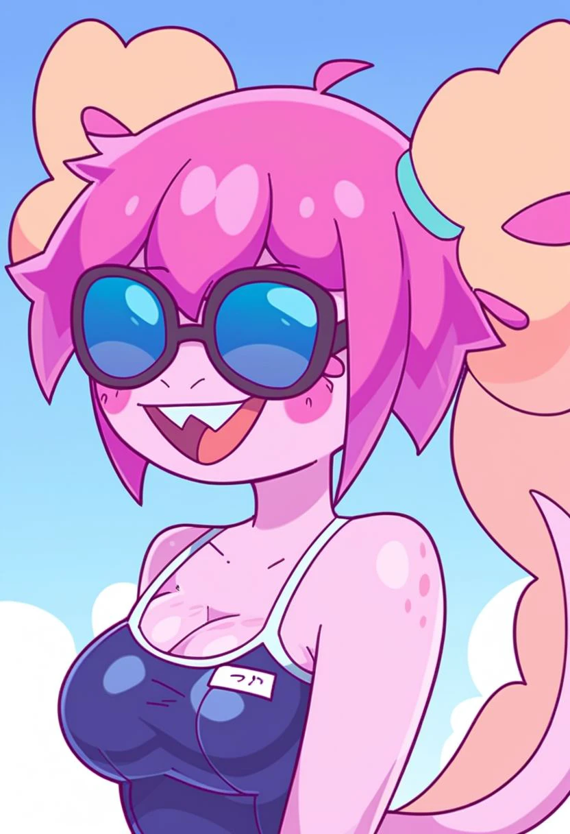 Mina ashido, big cleavage, bikini, barefoot, full body, big bust, kneeling, eye contact, looking at viewer, deepthroat, cheek bulge, crying