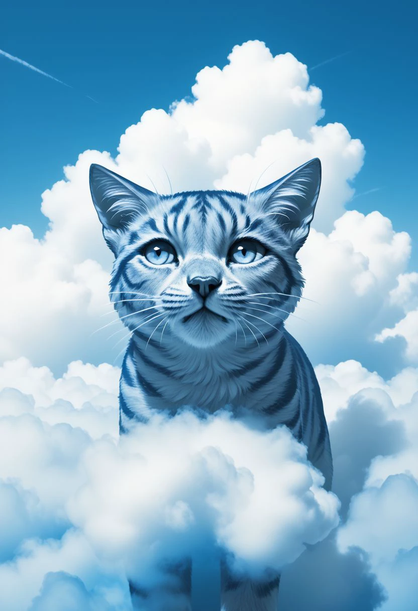 airelemental style, cloud, blue theme, sky, no humans, cloudy sky, monochrome, blue sky, day, outdoors, animal, animal focus, cat, air, vapor, clouds, ethereal, BREAK  PonyXLV6_Scores