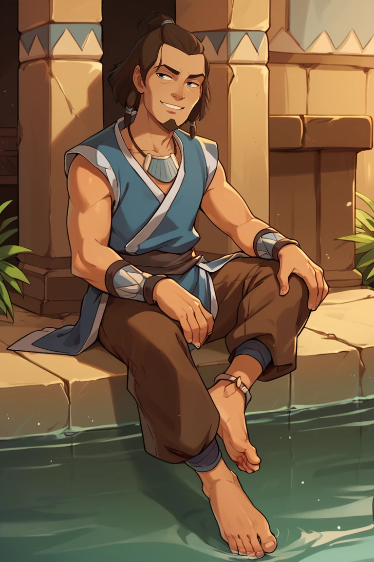 ((close up, face focus)),score_9, score_8_up, score_7_up, score_6_up, hakoda, water tribe clothes, tooth necklace, 1boy, male focus, barefoot, sitting, jewelry, smile, necklace, full body, toes, brown pants, feet, looking to side<lora:EMS-386166-EMS:1.000000>