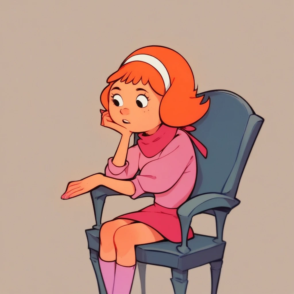 score_8, score_9, daphne, orange hair, short hair, hairband, skirt, sitting in chair