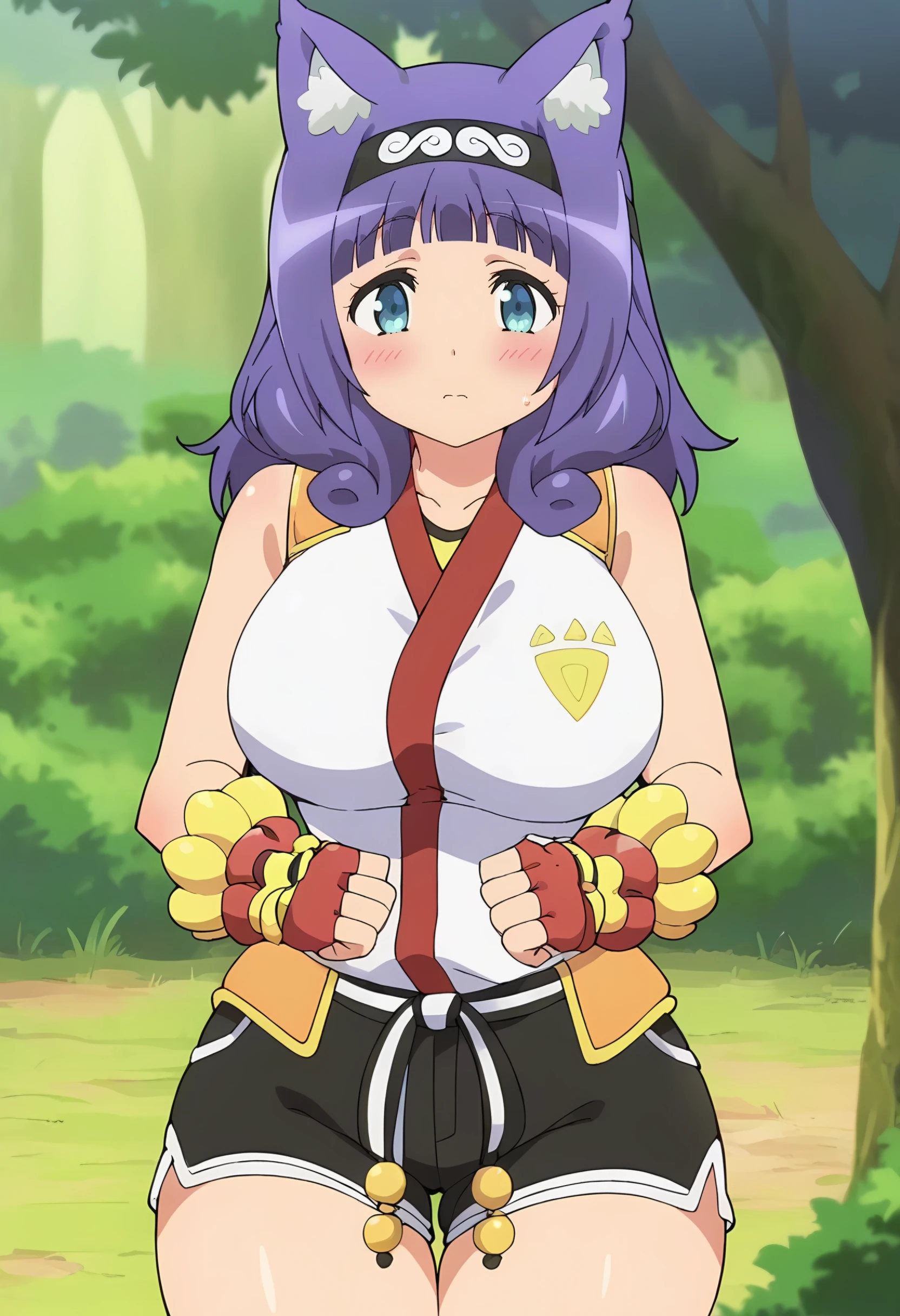 hitamu kyan, purple hair, 1girl, solo, blunt bangs, animal ears, blush, blue eyes, long hair, animal ear fluff, large breasts, fingerless gloves,  red gloves, headband,  black shorts, sleeveless shirt, hairband, white shirt, bare shoulders,  looking at viewer,  <lora:Hitamu Kyan:0.9>, score_9, score_7_up,anime coloring ,source_anime, anime