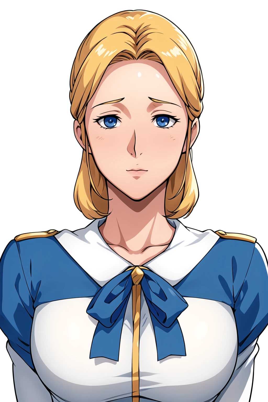 Simple White Background,
dynamic pose,standing at attention,
blue dress ,blue bow ,white collar,long sleeves,
<lora:Zenna_Zabi_0079-KK77-V1:0.7>,jewelry, necklace,
blue eyes, blonde hair,big hairdoe on her head, Forehead,
<lora:more_details:0.1>,<lora:Oda_Non_Style-KK77-V2:0.3>,<lora:Sexy_AIart-KK77-V1:0.3>,
1 girl, 20yo,Young female,Beautiful long legs,Beautiful body,
Beautiful Nose,Beautiful character design, perfect eyes, perfect face,expressive eyes,perfect balance,
looking at viewer,(Focus on her face),closed mouth, (innocent_big_eyes:1.0),(Light_Smile:0.3),
official art,extremely detailed CG unity 8k wallpaper, perfect lighting,Colorful, Bright_Front_face_Lighting,White skin,
(masterpiece:1.0),(best_quality:1.0), ultra high res,4K,ultra-detailed,
photography, 8K, HDR, highres, absurdres:1.2, Kodak portra 400, film grain, blurry background, bokeh:1.2, lens flare, (vibrant_color:1.2),professional photograph,
(Beautiful,large_Breasts:1.4), (beautiful_face:1.5),(narrow_waist),