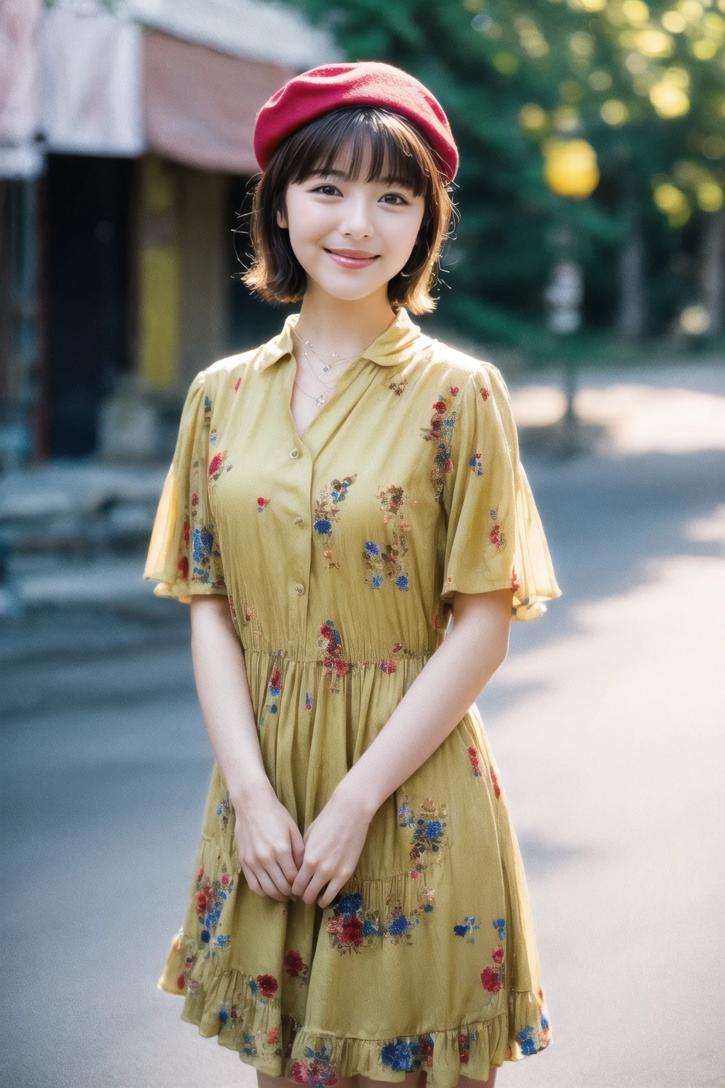 (best quality, photo realistic, hyper detail, sunlight ) 1girl,solo,brown hair,standing,outdoors,detailed skin,smile,yellow collared dress short sleeve,bohemian flowers print,star necklace,cowboy shot,red beret,bokeh,film grain,bangs,<lora:MinamiHamabe-v1:0.9>,minamehamab3,<lora:add_detail>,smile,