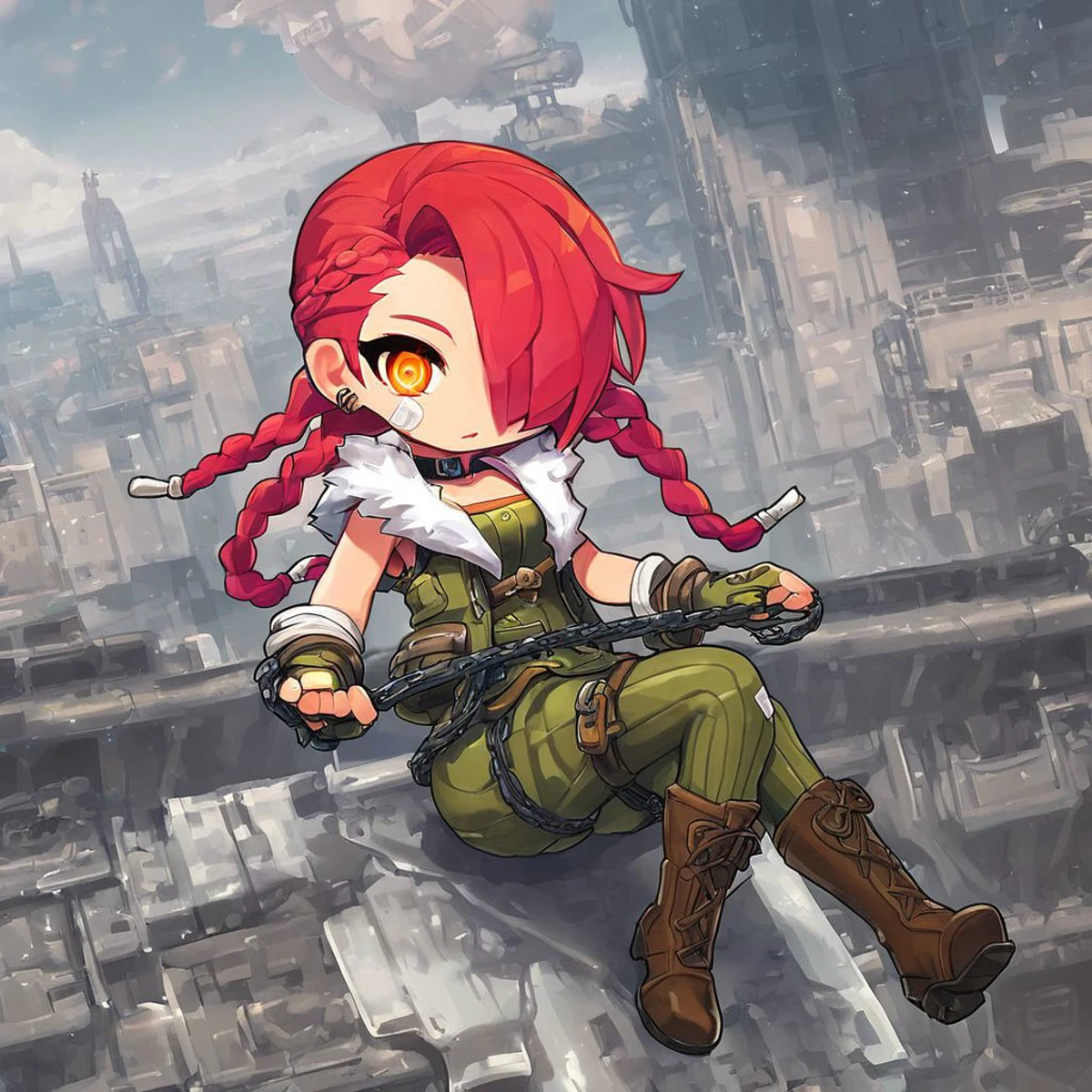 solo, 1girl, woman, female, MSCadena, Cadena, Cadena (MapleStory), Cadena_(MapleStory), Ear Piercing, Bandaid, Earring, ear piercing, Light Skin, Choker, Choker Leash, Fingerless Gloves, White Bandage on Wrists, Pinkish Red Hair, Hair Braids, Hair covering one eye, Brownish Dark Green Clothing, Shadowdealer clothing, pocket, pockets, belts, brown details, steel details, White wool, white fur on top clothing, white fur on shirt, brown boots, white steaks on hair, detailed, good art, best quality, detailed face, detailed eyes, highest quality, good anatomy, perfect anatomy, masterpiece, beautiful, insanely detailed, cuteartstyle, black chains, terminal city background, BREAK, score_9, score_8_up, score_7_up, score_6_up