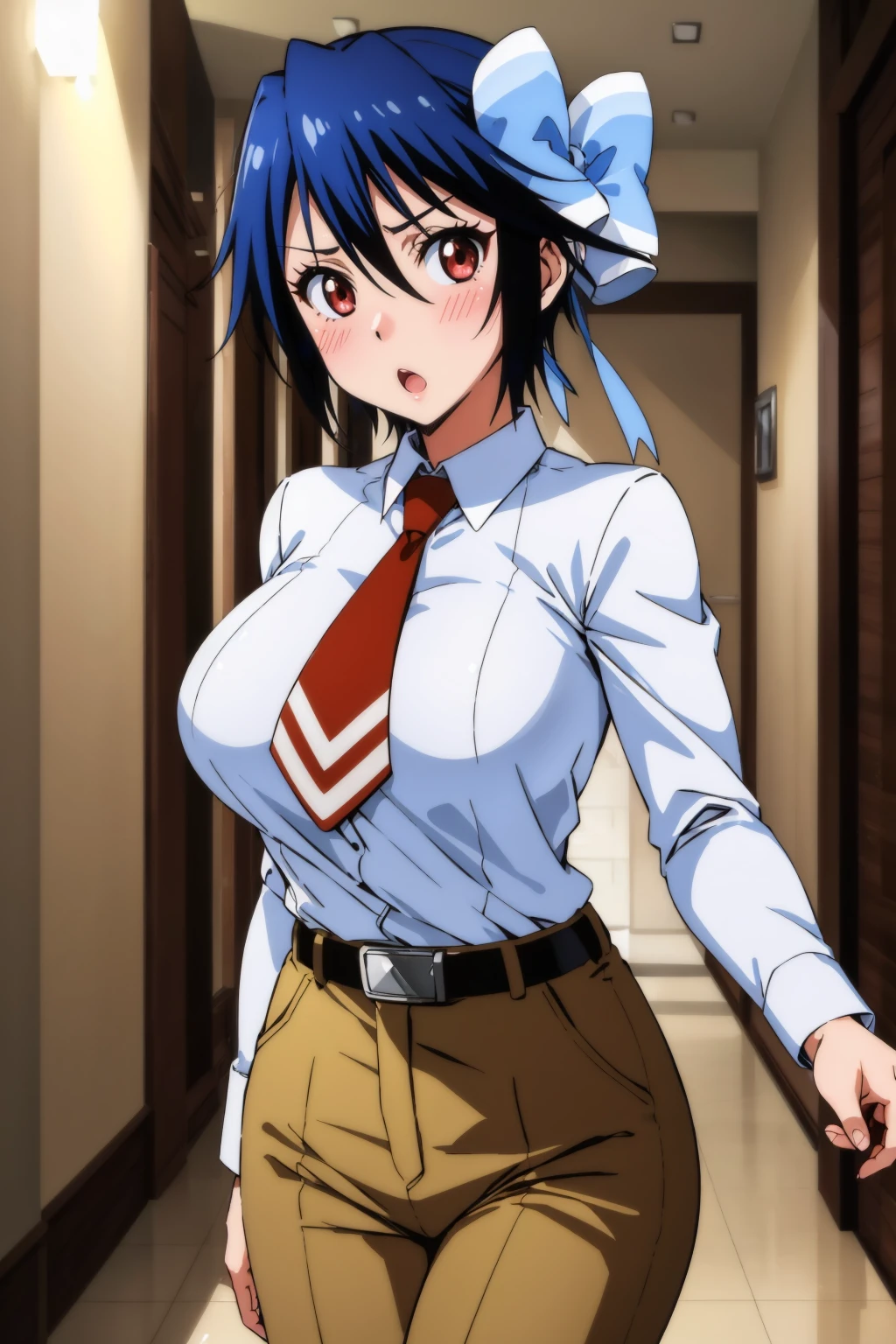 masterpiece, best quality, 1girl,  <lora:tsugumi-nvwls-v1-000008:0.9> tsugumi seishirou, hair bow, white shirt, collared shirt, short sleeves, red necktie, belt, brown pants, large breasts, hallway, looking at viewer, :o, blush