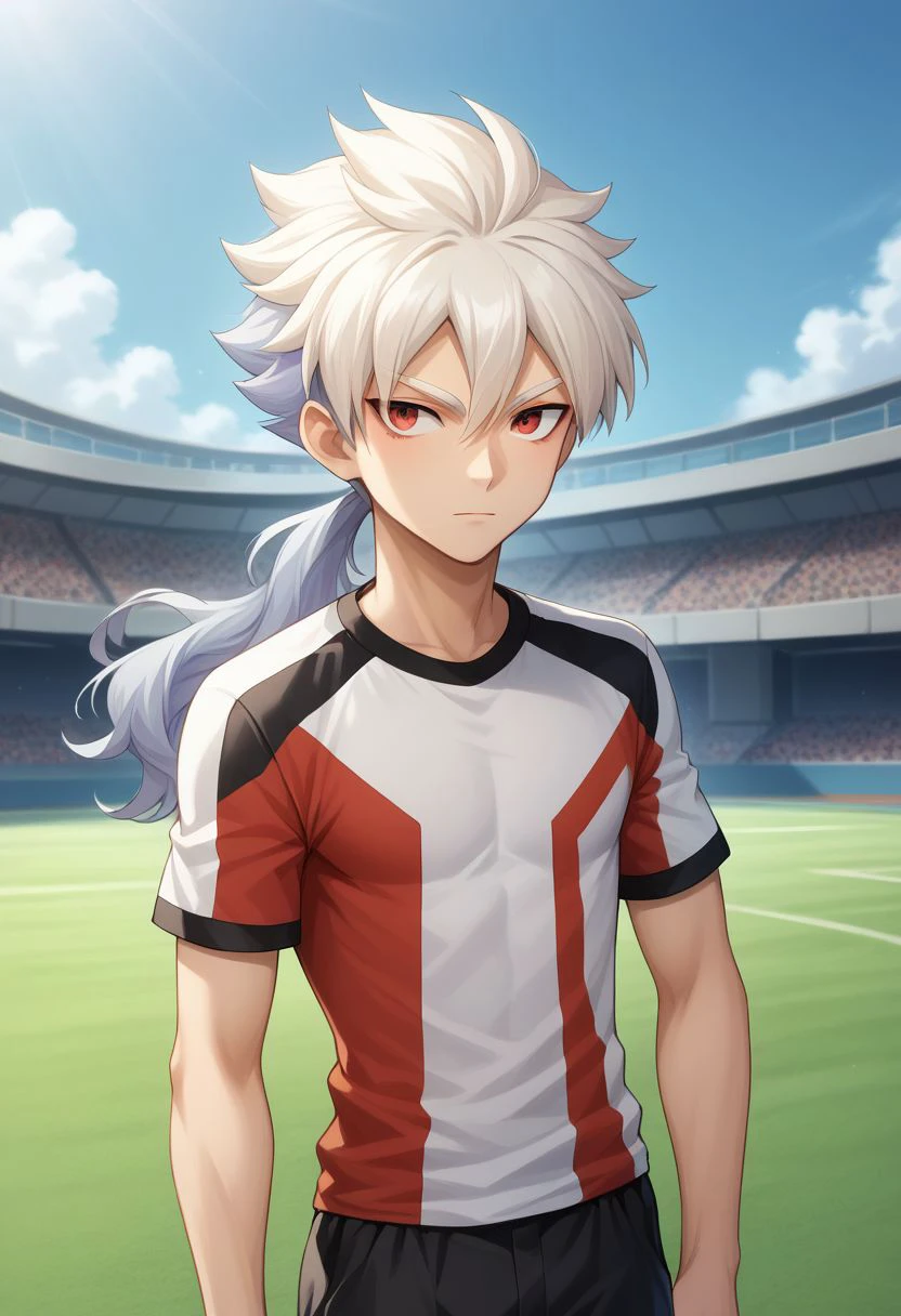 score_9, score_8_up, score_7_up, source_anime, highly detailed, 
bailong, solo, male focus, 1boy, soccer uniform, sportswear, two-tone hair, multicolored hair, long hair, standing, red eyes, white hair, silver hair, ponytail, black pants, red shirt, black shirt, white shirt, three-tone shirt, upper body, skinny,
outdoor,