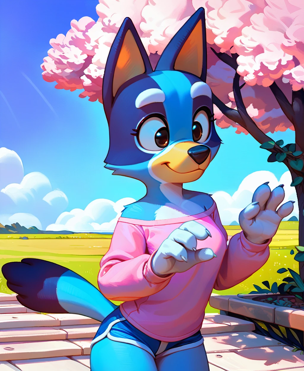 score_9, score_8_up, score_8, 1girl, <lora:blueyxl:0.85>, source_cartoon, source_furry, blueyxl, bluey heeler, (boxchibi:0.2), 18 year old girl, cowboy shot, anthro, furry, tail, blue body, animal ears, flat shaded background, sky, day, cloud, blue sky, curvy, femanine, hourglass figure, petite, detailed fur texture, cute outfit, blue shorts, pink shirt, long sleeve, <lora:incase---1:0.5>