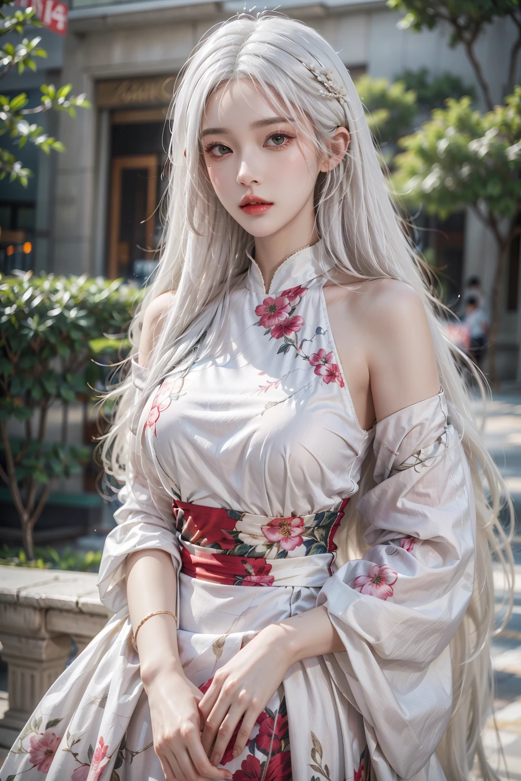 female,masterpiece, realistic, best quality, ultra detailed, waist up, long hair, (white hair:1.2), fashionable accessories,<lora:more_details:0.4>, floral print, dress, <lora:0mix:0.6>
