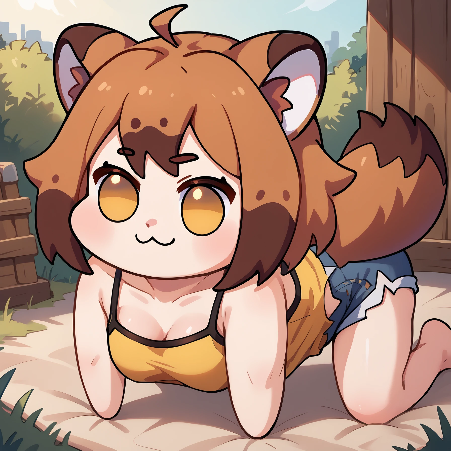 score_9, score_8_up, score_7_up, BREAK 1girl, solo, tanukiwers, raccoon girl, animal ears, raccoon tail, yellow eyes, short hair, ahoge, multicolored hair, medium breasts, <lora:TanukiWersmanPDXL_V1-Manityro-CAME:1.0>,
yellow camisole, denim shorts,
<lora:Doro_X_PDXL_V1:1.0>, doro, creature, :3, chibi, no humans, four legs, solid circle eyes, no pupils, all fours, side view, full body, smug,
outdoors, summer,