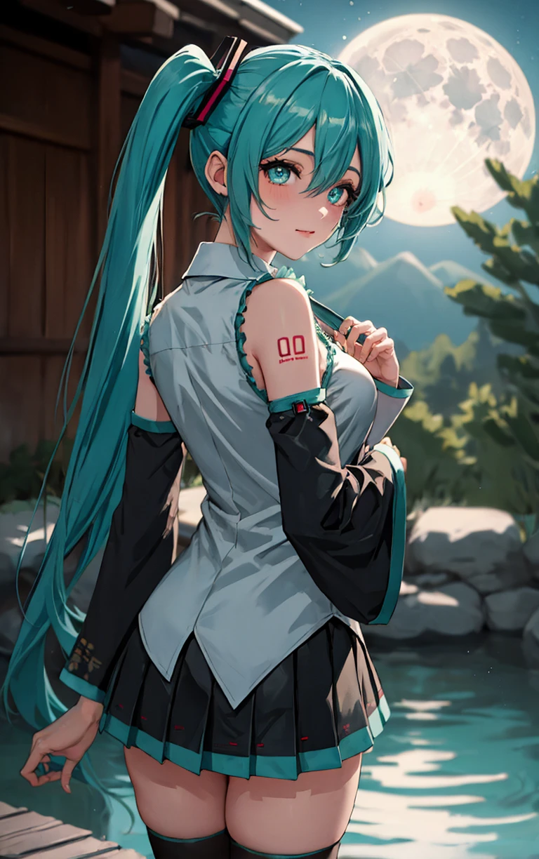 ((masterpiece, best quality)), insaneres, absurdres, solo, looking at viewer, 
MainOutfit_HatsumeMiku_ownwaifu, 
1girl, aqua eyes, aqua hair, hatsune miku, twintails, very long hair, hair ornament, bangs, hair between eyes, shoulder tattoo, medium breasts, shiny hair, number tattoo, eyelashes, bright pupils,
grey shirt, collared shirt, bare shoulders, pleated skirt, miniskirt, black thighhighs, zettai ryouiki, detached sleeves, sleeveless shirt, black sleeves, aqua necktie, black skirt, long sleeves, wide sleeves, sleeves past wrists, frills, wing collar, 
(wading, looking back), onsen, full moon, outdoors,<lora:ANIME_HatsumeMiku_ownwaifu:0.75>,
 depth of field, light particles,