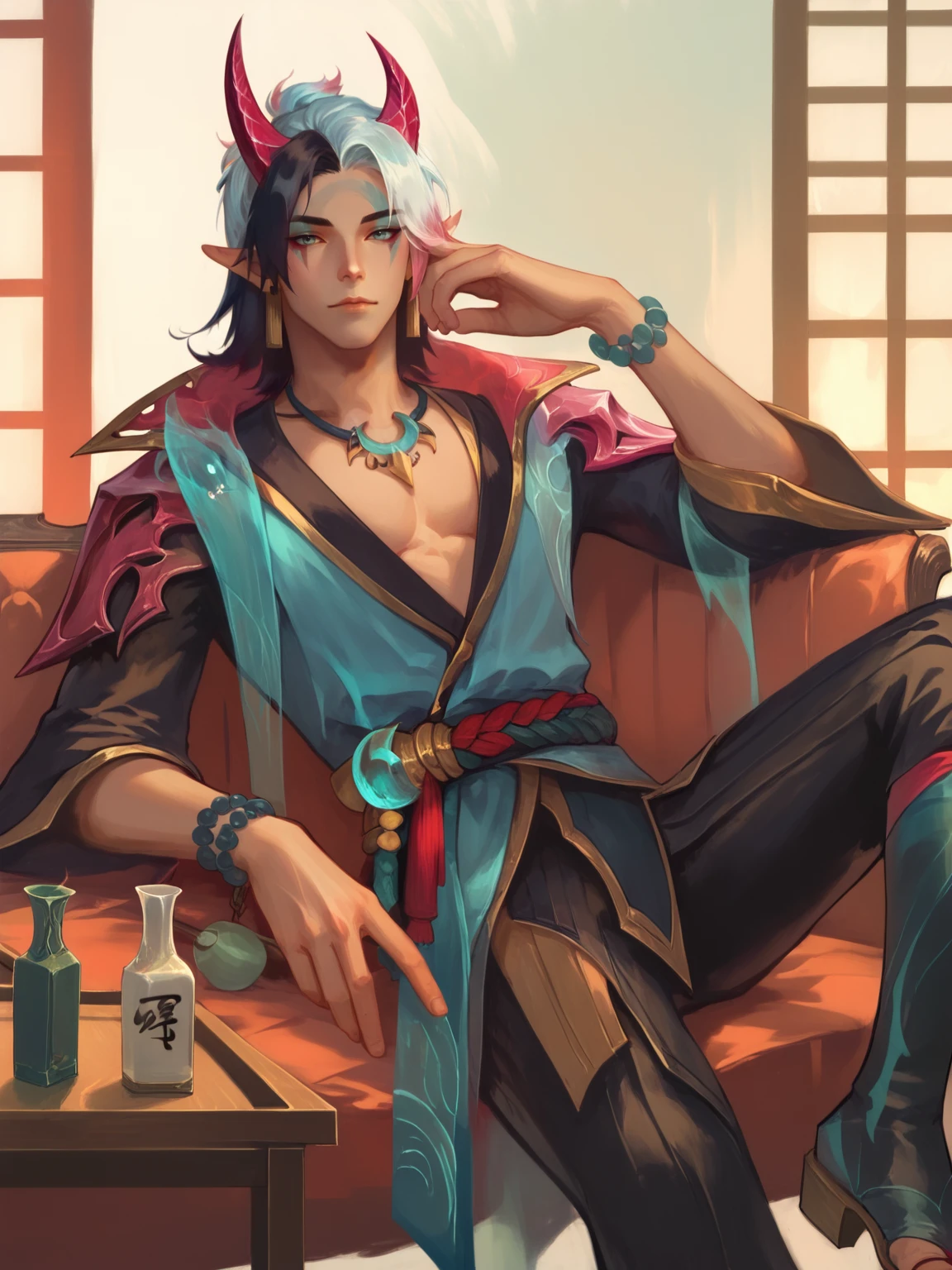 score_9, score_8_up, score_7_up, ApheliosSB, 1man, solo, white and black hair, two color hair, yukata, two pink horns, face makeup, neackle, dark pants, dark boots, rests his hand on his cheek, drinks sake, inside Japanese brothel, lying on sofa, red mist, wodeipoi <lora:ApheliosSB:1> <lora:wodeipoi:1>