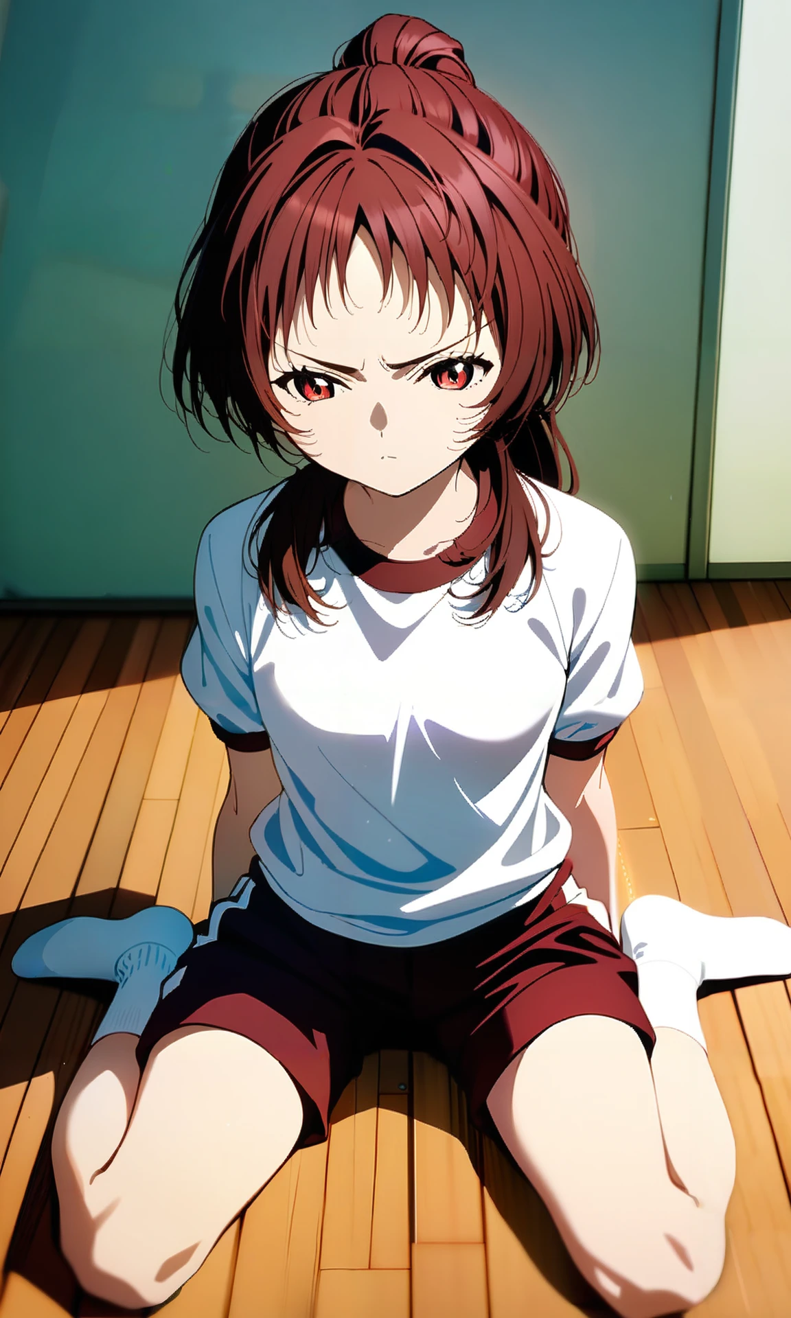 (masterpiece), (best quality), highres, general, (intricate details, very aesthetic), good hands, 1girl, <lora:ai_mie_AnimagineV1:1>, miewz, red eyes, gym shorts, white shirt, gym shirt, school gym uniform, school, gym, indoors,  sitting, wariza, ponytail, looking at another, v-shaped eyebrows, cowboy shot, wooden floor, <lora:sd_xl_dpo_lora_v1:1>