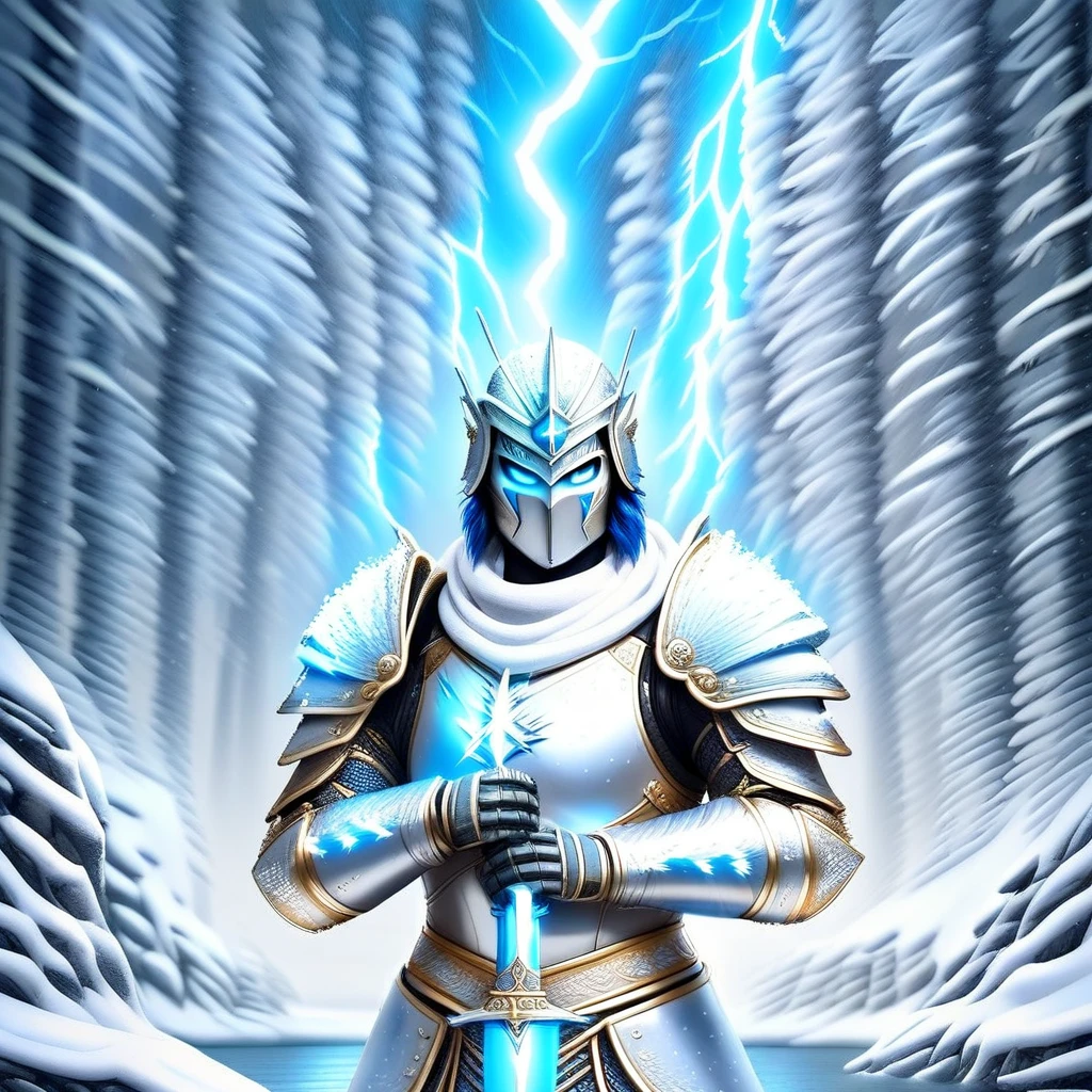 mystical, helmet, water, lightning, outdoors, snowing, Armor, blue hair, facial mark, snow, short hair, knife