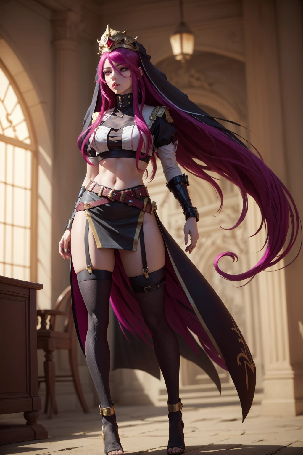 an accurate and detailed full body shot of a young adult female character named Rosaltis, a determined and mysterious aura, (Long flowing magenta hair with pink highlights:1.5), violet-indigo eyes, Seductive makeup, defined lips, (Imperial Veil Crown:1.3), (a white high collar crop top:1.7), (a gothic lace corset underneath crop top:1.4), (Long black opera gloves:1.1), (gold bracers:1.2), (A long black slit-skirt:1.3), Fishnet stockings, Red and gold garter belts, (knee-high Soft-knit wedge heels:1.2), A black belt with various trinkets, Flowing red ribbons, gold accent jewelry, masterpiece, high quality, 4K, rosaria(genshin impact), jessie pokemon, Altair Recreators<lora:EMS-12256-EMS:0.500000>, <lora:EMS-36230-EMS:0.600000>, <lora:EMS-259677-EMS:0.700000>