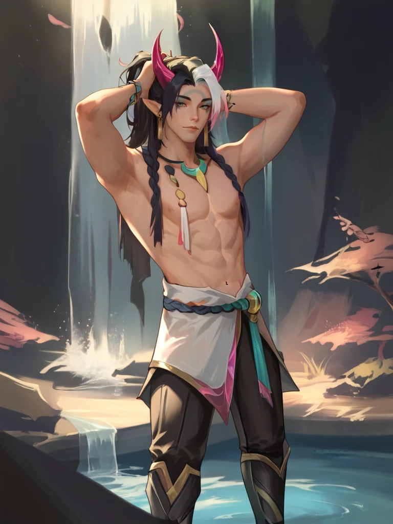 score_9, score_8_up, score_7_up, ApheliosSB, 1man, solo, white and black hair, two color hair, yukata, two pink horns, face makeup, neackle, dark pants, dark boots, ((stays under waterfall)), hands in hair, naked torso, naked chest, night, wodeipoi <lora:ApheliosSB:1> <lora:wodeipoi:1>
