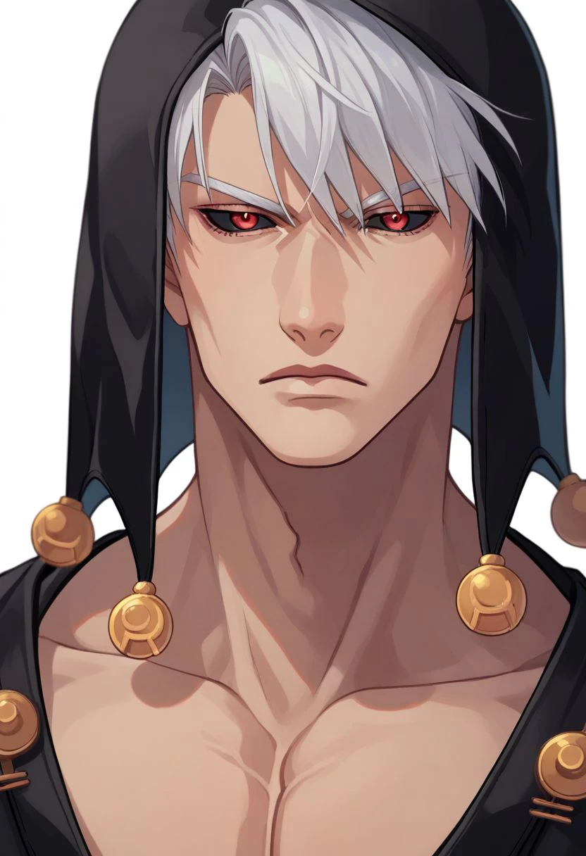 score_9, score_8_up, score_7_up, source_anime, solo, 1boy, man, sexy man, muscular, pectorals, Risotto Nero, white hair, short hair, black sclera, red eyes, hat, hood, black coat, serious, portrait, close up, halfbody, looking at viewer, standing, white background