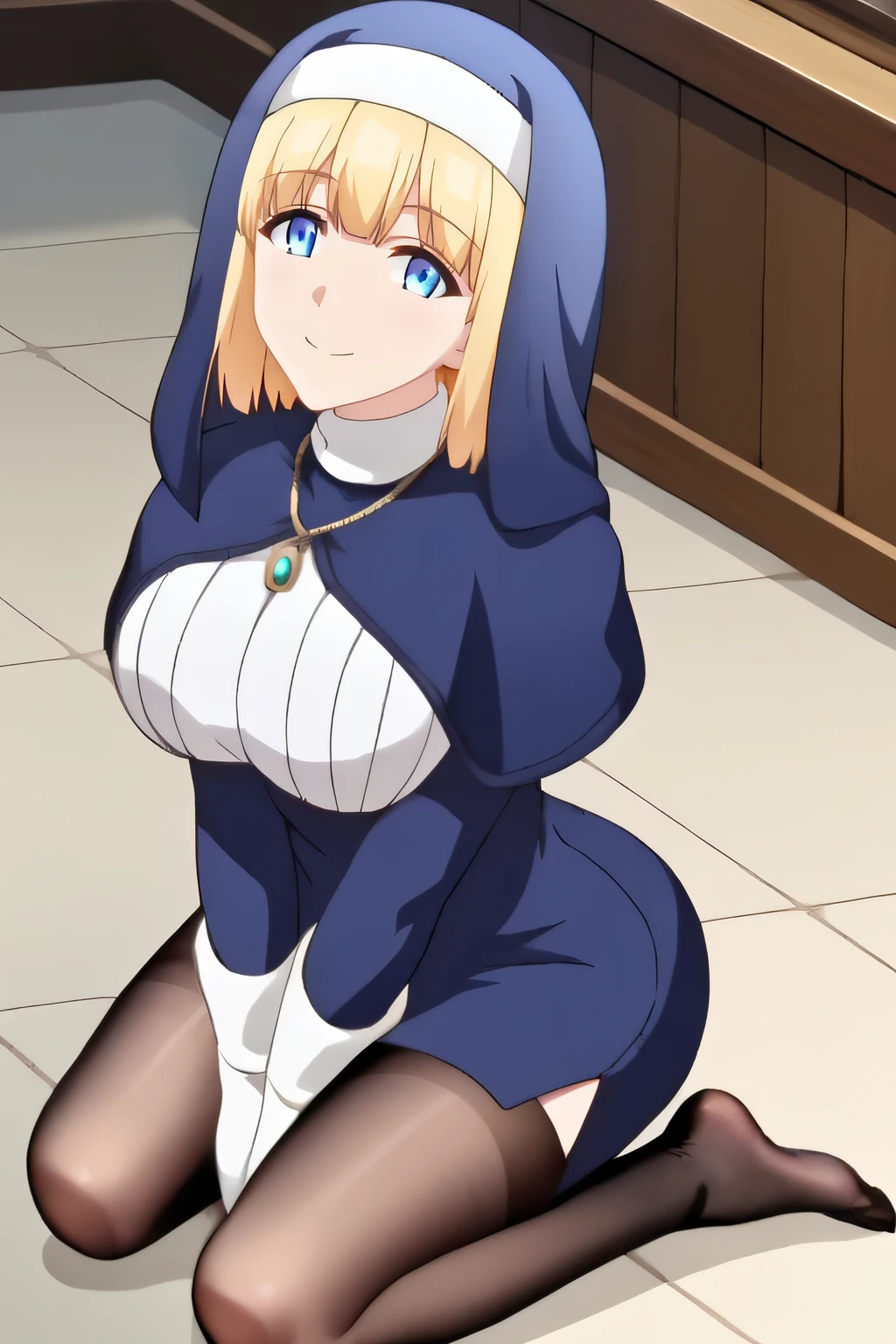 score_9, score_8_up, score_7_up, source_anime, rating_safe, intricate details, anime screencap, official style, <lora:Tianne_Ruthheim:1>, tianne, blue eyes, nun, habit, capelet, turtleneck, white shirt, large breasts, short skirt, black thighighs, looking at viewer, smile, kneeling, full body, feet, from above