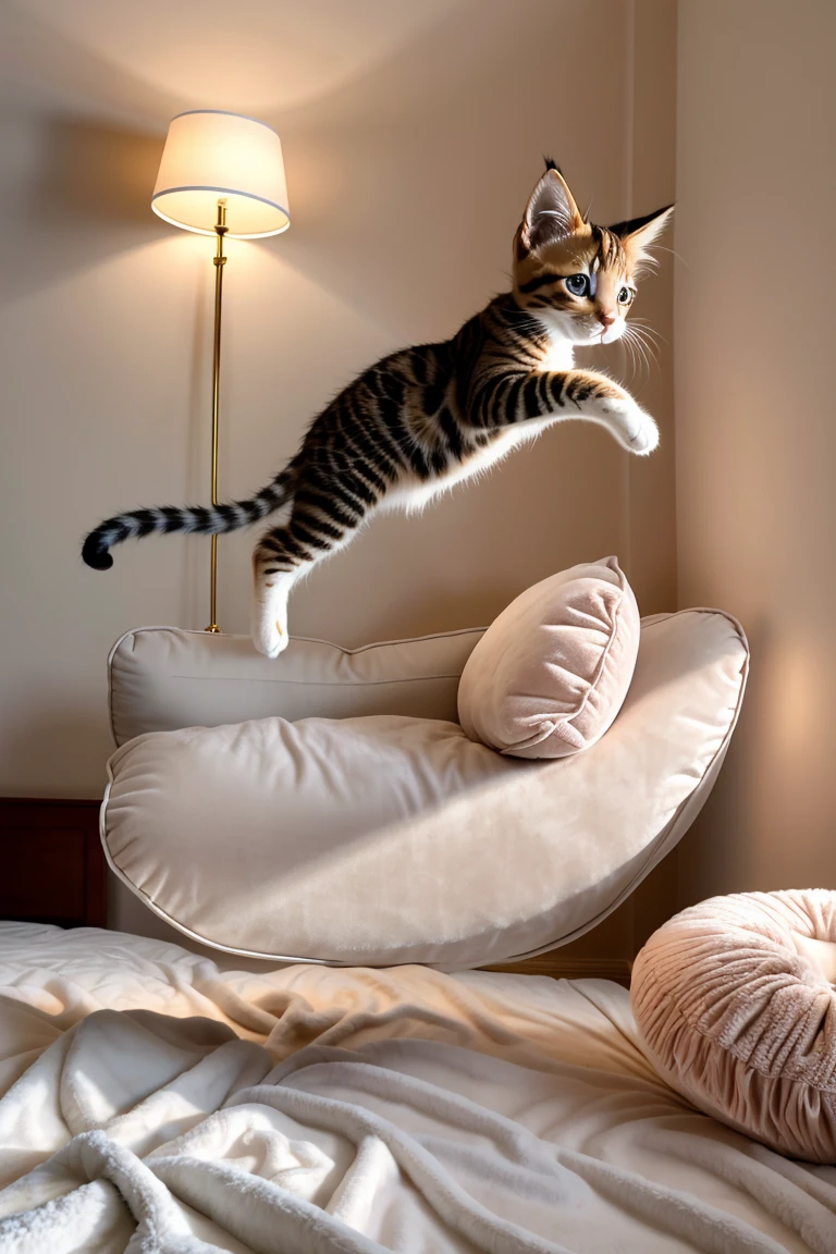 Close-up realistic photo, (Playful kitten leaping off bed:1.2), realistic slow motion shot, Unusual viewpoint, Furry landing, Elegant jump, (Soft cushions:1.3), Light-filled room, Tasteful decor, Soft shadows