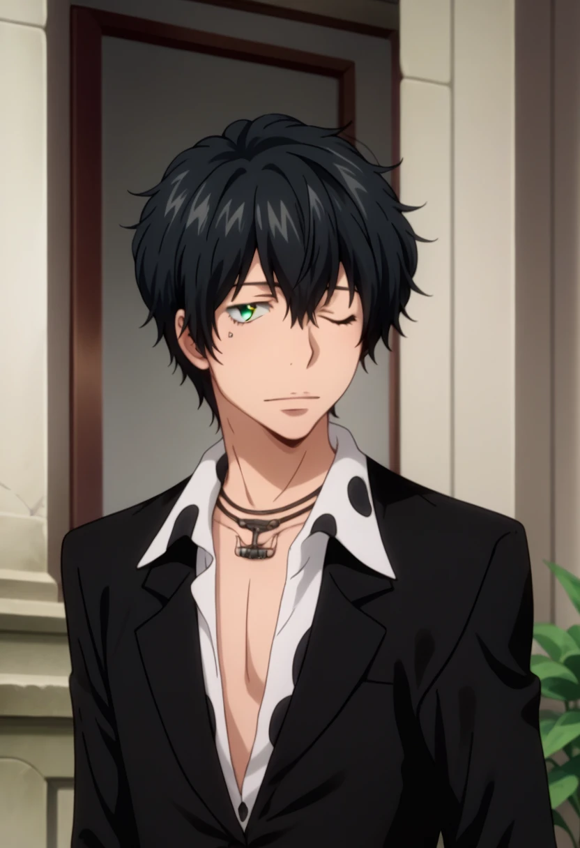 Prompt: score_9, score_8_up, score_7_up, score_6_up, highly detailed, masterpiece, best quality,detailed,intricate details, amazing quality, best aesthetic, absurdres,source_anime,lambo, black hair, green eyes, 1boy, male focus, solo, one eye closed, jewelry, necklace, formal, black suit<lora:EMS-392042-EMS:1.000000>