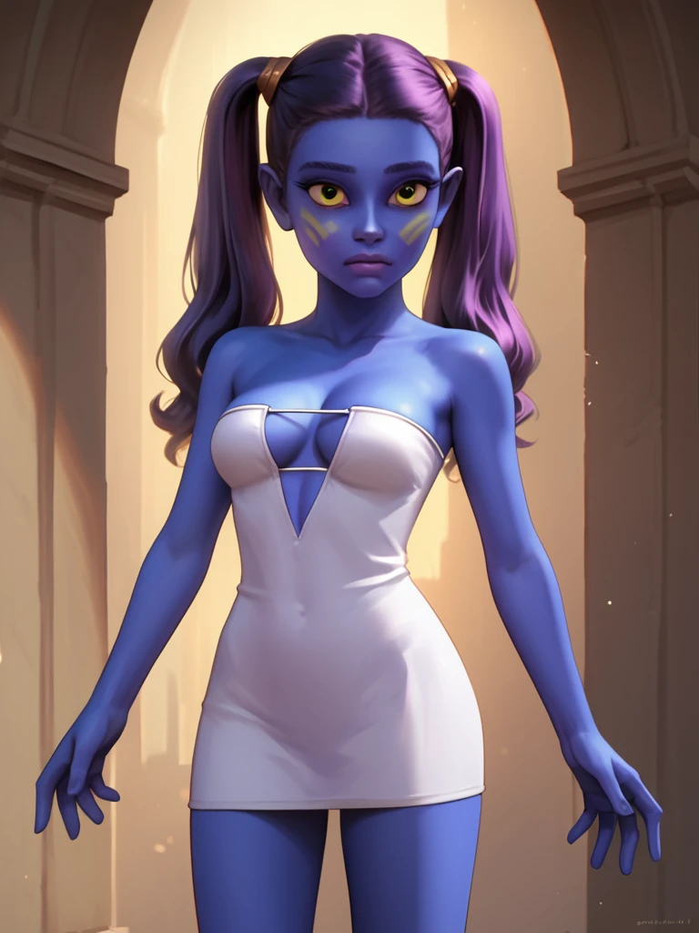 score_7_up, score_8_up, score_9, masterpiece, (1girl, solo,)perfect face, perfect hands, high quality, source_anime, cowboy shot, <lora:Riyo_Chuchi_-_Star_Wars:1>riyochuchi, colored skin, blue skin, purple hair, twintails, yellow eyes, medium breasts, long hair, purple skin, micro dress, strapless, bare shoulders, cleavage,