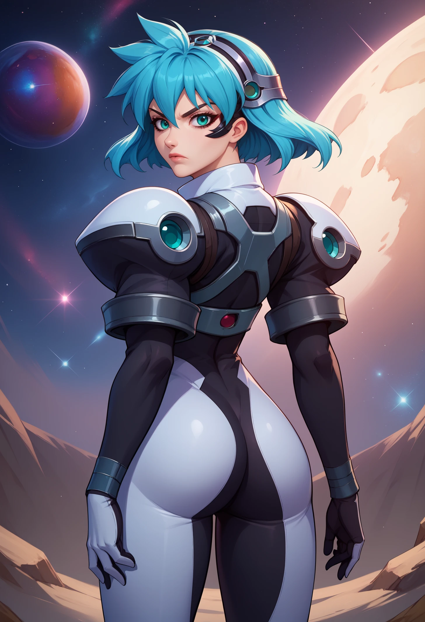 score_9, score_8_up, score_7_up, BREAK 1girl, solo, mgisb, aqua eyes, aqua hair, short hair, large breasts, <lora:MeiaGisbornPDXL_V1-Manityro-CAME:1.0>,
eyepiece, headband, two-tone bodysuit, shoulder armor,
looking at viewer, serious, standing, cowboy shot, rear view,
space, flying
