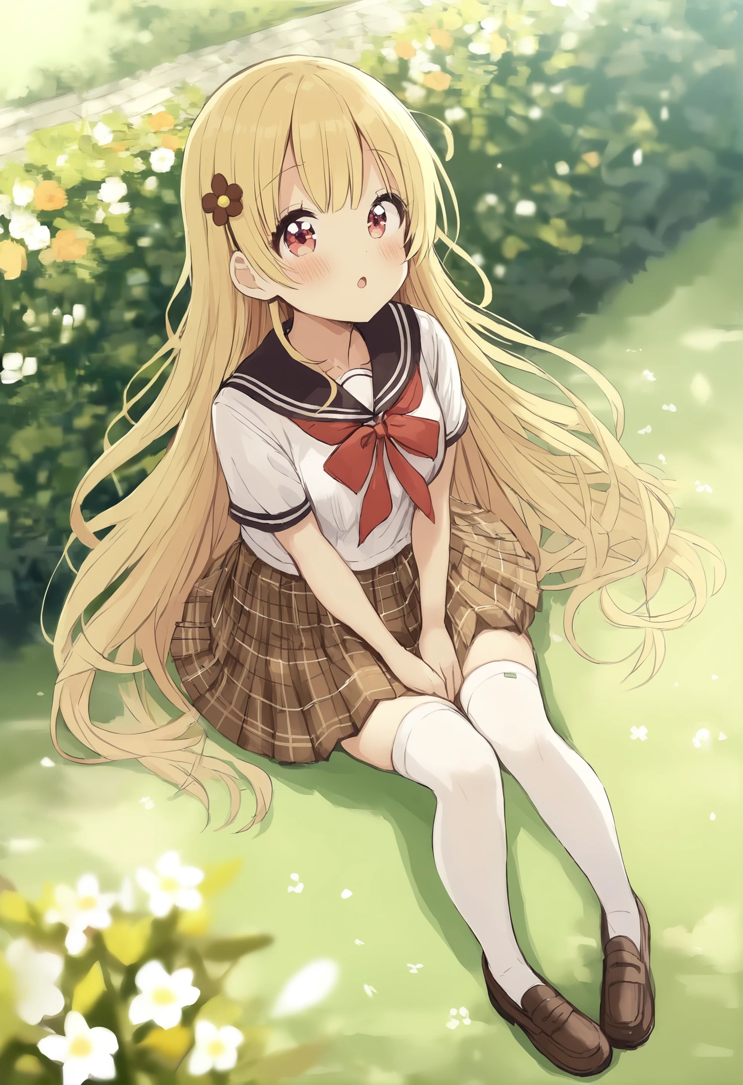 1girl, 
sakura oriko, 
plaid, flower, hairclip, outdoors, white legwear, long hair, shirt, day, brown skirt, plaid skirt, short sleeves, pleated skirt, red eyes, school uniform, skirt, serafuku, very long hair, sailor collar, :o, hair ornament, blonde hair, brown footwear, bow, thighhighs, black sailor collar, brown flower, shoes, white flower, red bow, open mouth, white shirt, parted lips, 
masterpiece, best quality
 <lora:sakura_oriko_image615_2024-03-28_a31:1>
