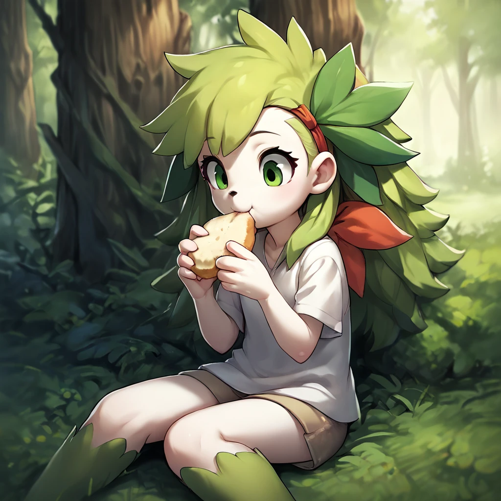 score_9, score_8_up, score_7_up, score_6_up, score_5_up, score_4_up, source_anime,  Shaymin_Human, forest, sitting, eating, happy