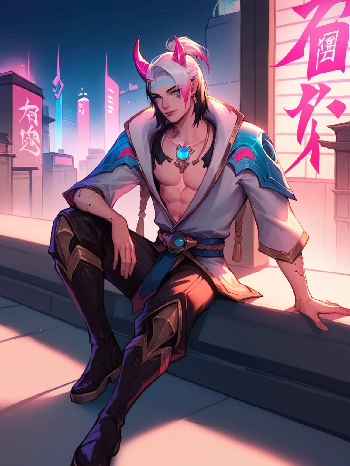 score_9, score_8_up, score_7_up, ApheliosSB, 1man, solo, white and black hair, two pink horns, face makeup, neackle, yukata, dark pants, dark boots, sitting on the roof, neon city, cyberpunk, sci-fi town, neon lights, view from above, <lora:ApheliosSB:1>