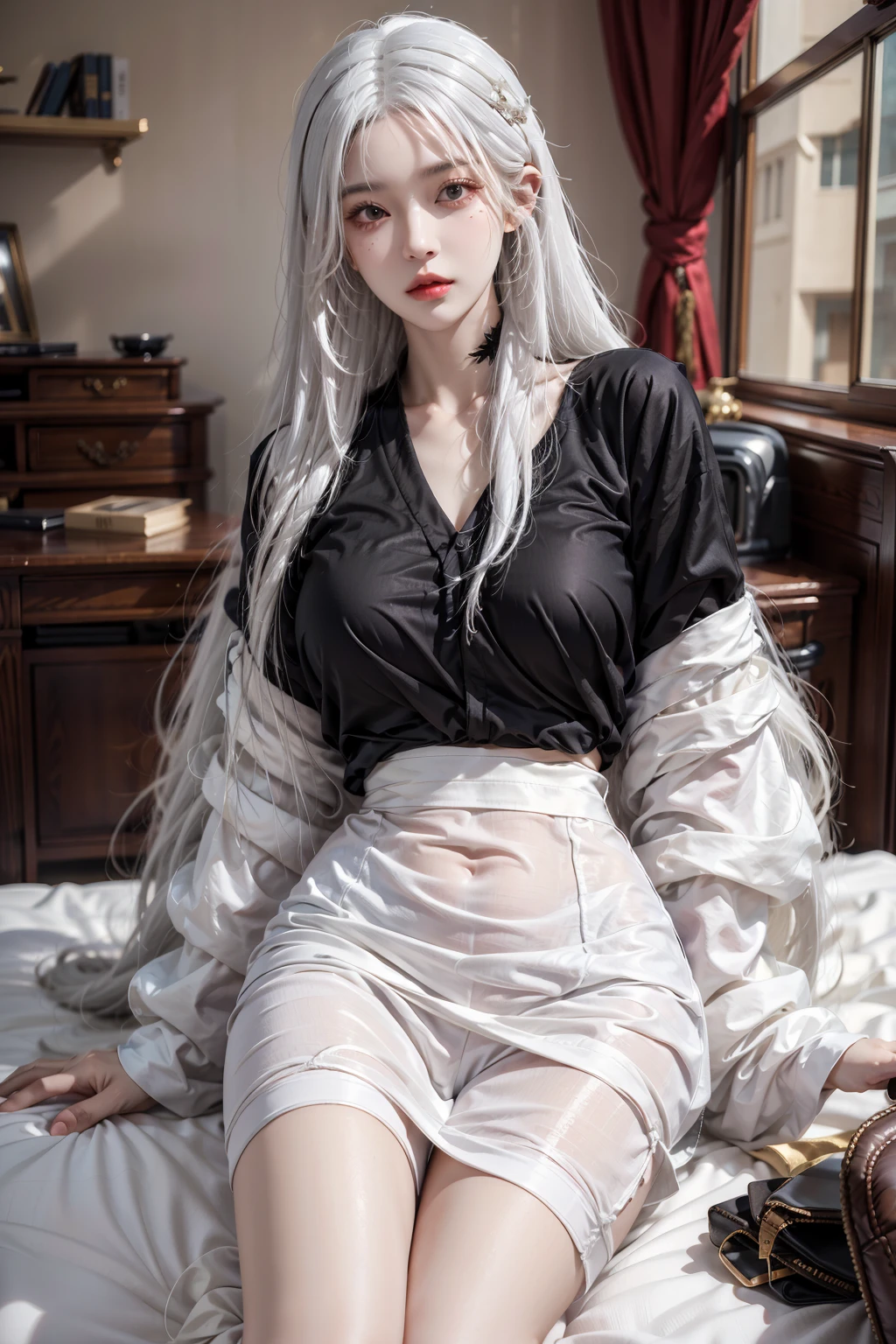 female,masterpiece, realistic, best quality, ultra detailed, waist up, long hair, (white hair:1.2), fashionable accessories,<lora:more_details:0.4>,black sleepwear, <lora:0mix:0.6>