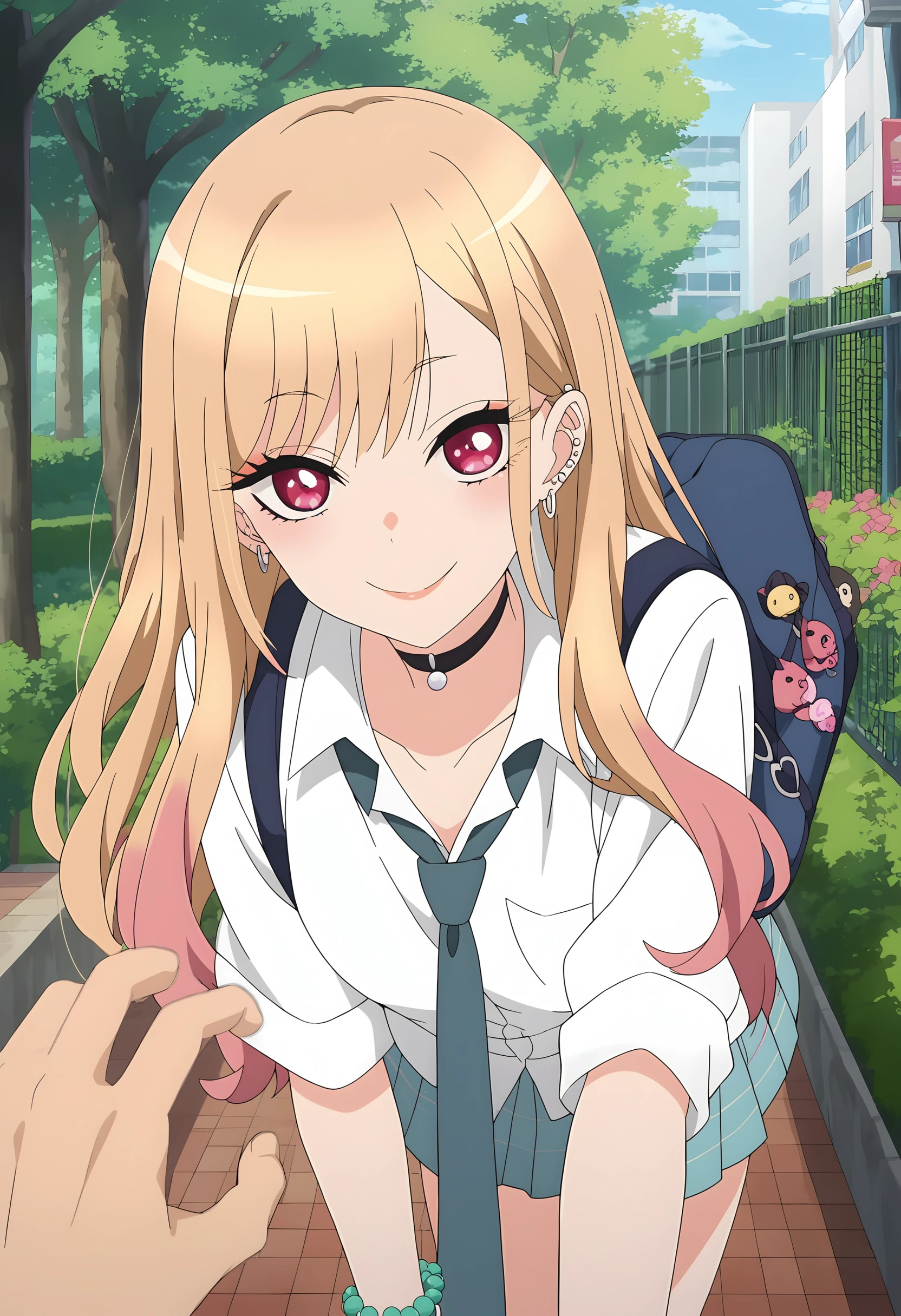 (score_9, score_8_up, score_7_up), (masterpiece, best quality, very aesthetic, ultra detailed, source anime, anime, intricate details), <lora:Sono Bisque Doll wa Koi wo Suru - Marin Kitagawa XL R1.1:0.8>, 1girl, long hair, looking at viewer, smile, shirt, blonde hair, red eyes, jewelry, school uniform, white shirt, multicolored hair, outdoors, earrings, necktie, choker, solo focus, bag, bracelet, tree, black choker, pov, piercing, ear piercing, beads, school bag, pov hands, gyaru, bead bracelet, kitagawa marin