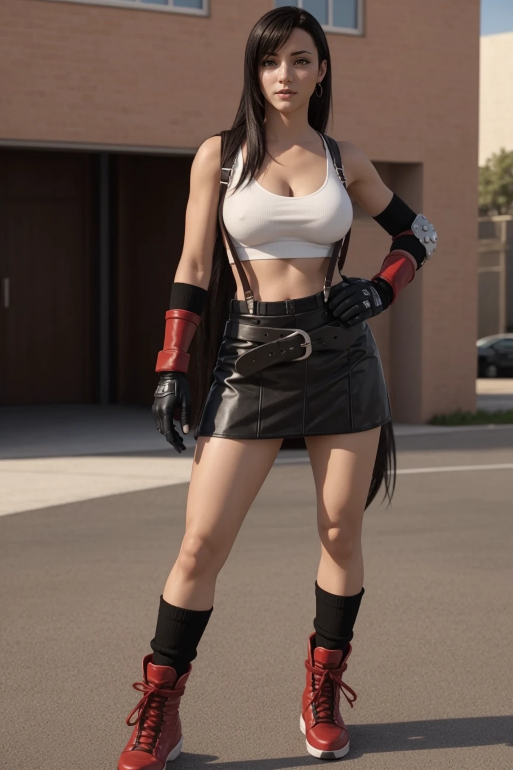 <lora:tifa-nvwls-v1:1> defTifa, elbow pad, fingerless gloves, suspenders, pencil skirt, black socks, red boots, (ultra realistic, 8k,high quality), natural lighting,