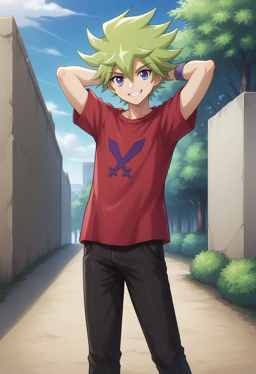 score_9, score_8_up, score_7_up, source_anime, 
roa, 1boy, male focus, solo, green hair, shirt, smile, grin, looking at viewer, purple eyes, spiked hair, wristband, pants, hair between eyes, red shirt, bangs, t-shirt, short sleeves, hands behind head,
outdoor,