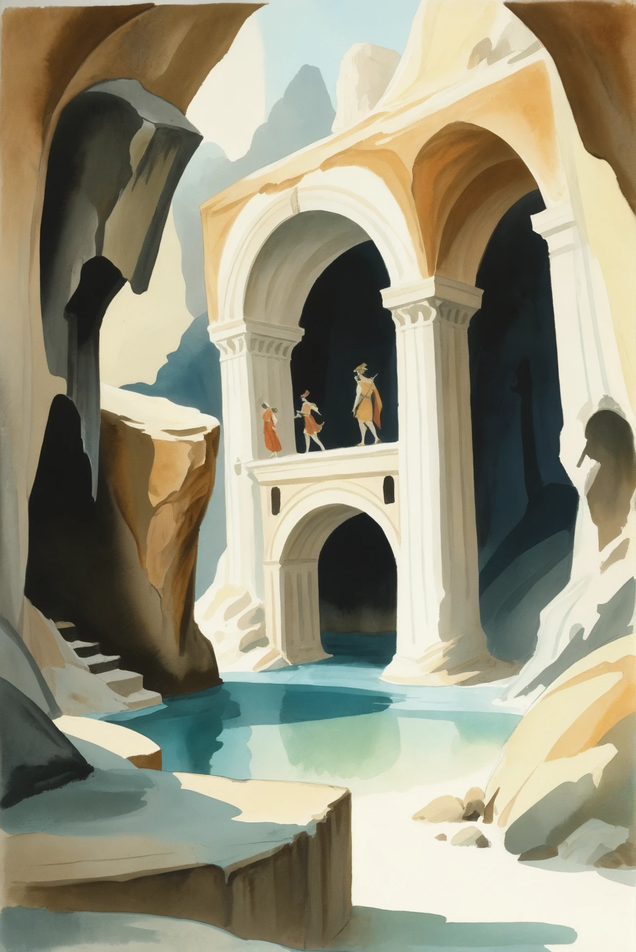 rough greek mythology watercolor, Subsurface Caverns<lora:EnvyStarlightAnimeWatercolor03:1.25>
