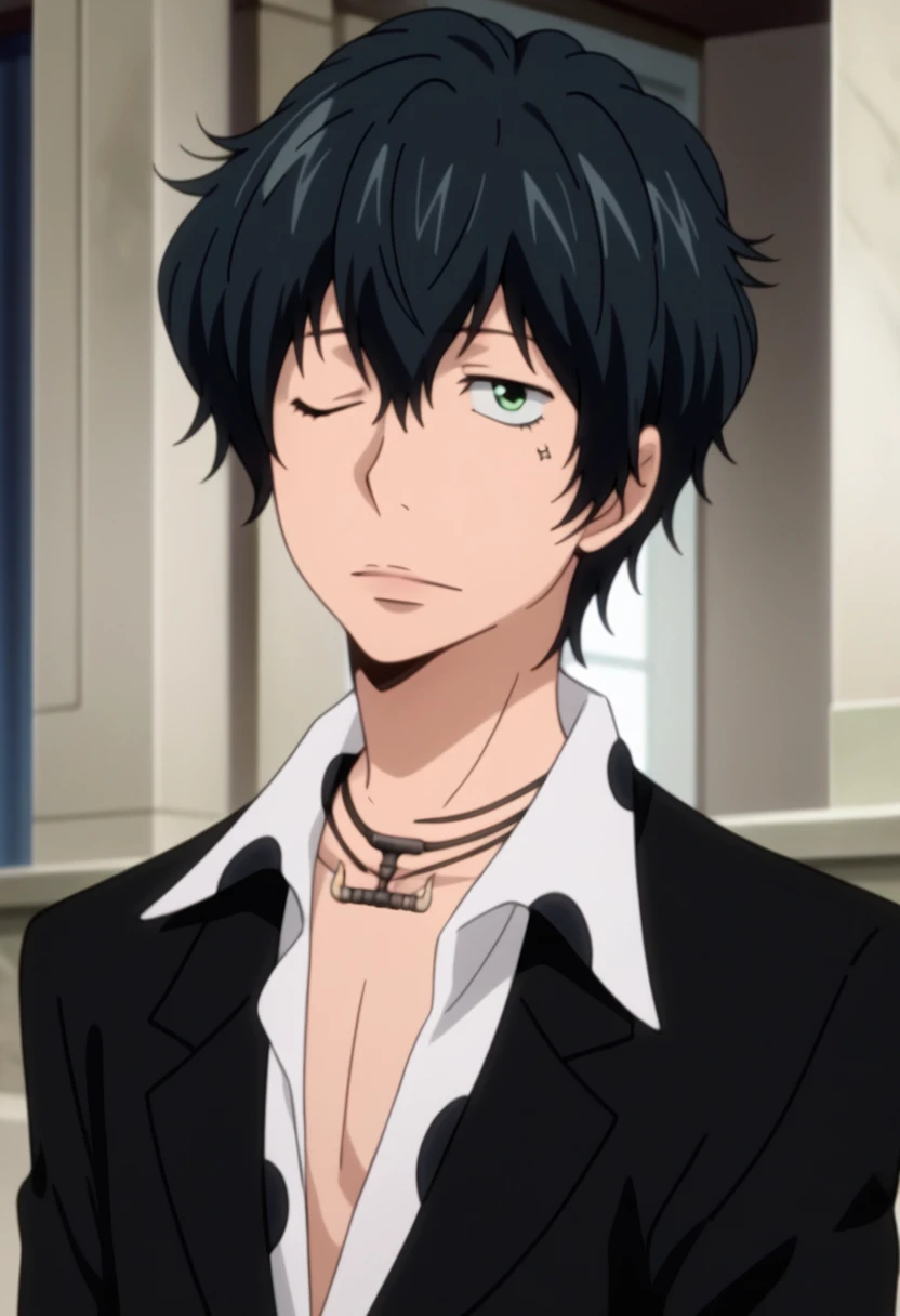 Prompt: score_9, score_8_up, score_7_up, score_6_up, highly detailed, masterpiece, best quality,detailed,intricate details, amazing quality, best aesthetic, absurdres,source_anime,lambo, black hair, green eyes, 1boy, male focus, solo, one eye closed, jewelry, necklace, formal, black suit<lora:EMS-392042-EMS:1.000000>