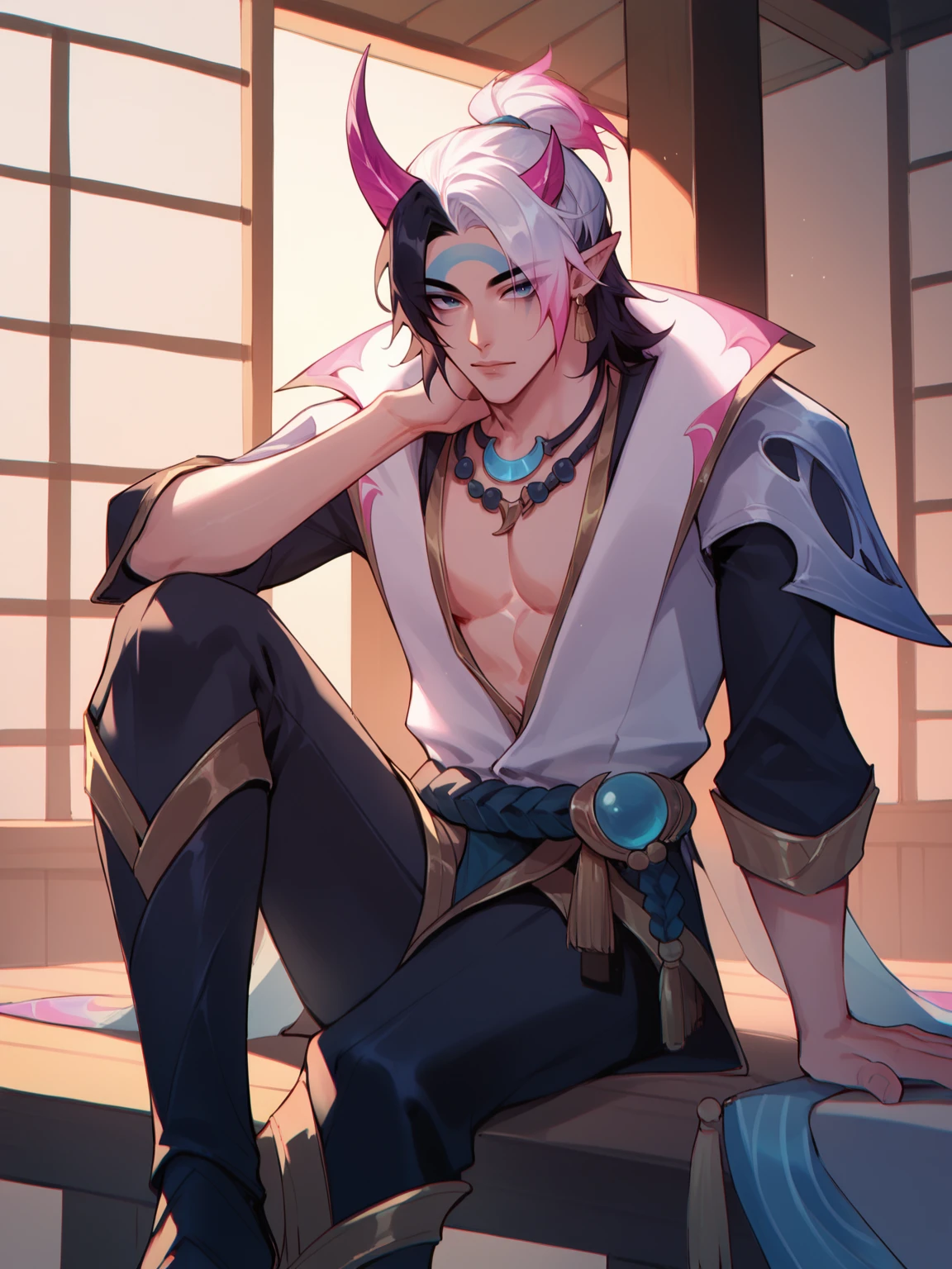 score_9, score_8_up, score_7_up, ApheliosSB, 1man, solo, white and black hair, two pink horns, face makeup, neackle, yukata, dark pants, dark boots, sitting in tavern, crossed legs, rolled eyes, booring look <lora:ApheliosSB:1>