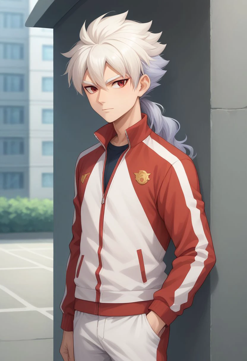 score_9, score_8_up, score_7_up, source_anime, highly detailed, 
bailong, 
solo, male focus, 1boy, sportswear, two-tone hair, multicolored hair, long hair, standing, red eyes, white hair, silver hair,
ponytail, jacket, track jacket, red jacket, white jacket, two-tone jacket, pants, white pants, red pants, two-tone pants, skinny, upper body,
outdoor,