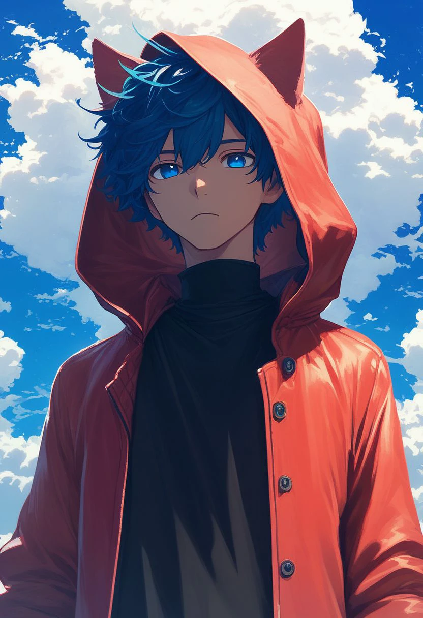 airelemental style, solo, sky, animal ears, cloud, jacket, 1boy, male focus, short hair, blue hair, cat ears, looking at viewer, outdoors, blue sky, day, blue eyes, closed mouth, hood, black shirt, shirt, cloudy sky, red jacket, turtleneck, air, vapor, clouds, ethereal BREAK  PonyXLV6_Scores