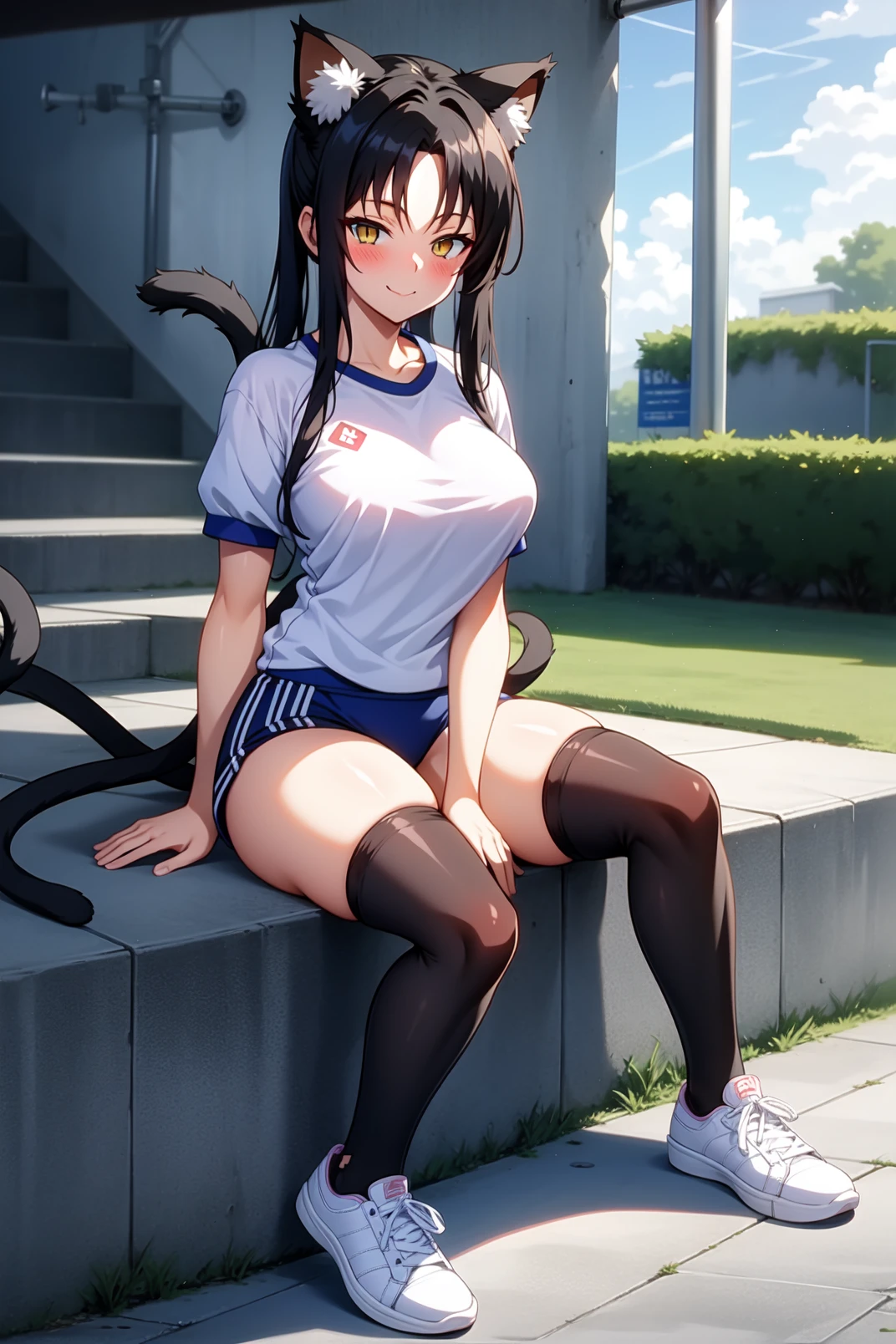 solo, masterpiece, best quality, outdoors, stadium, cowboy shot, sitting on stairs, knees up, full body, looking at viewer, smile, closed mouth, blush, kuroka, yellow eyes, slit pupils, black hair, long hair, parted bangs, hair rings, cat ears, animal ear fluff, cat tail, multiple tails, white shirt, short sleeves, gym uniform, blue buruma, black thighhighs, white sneakers, arm support