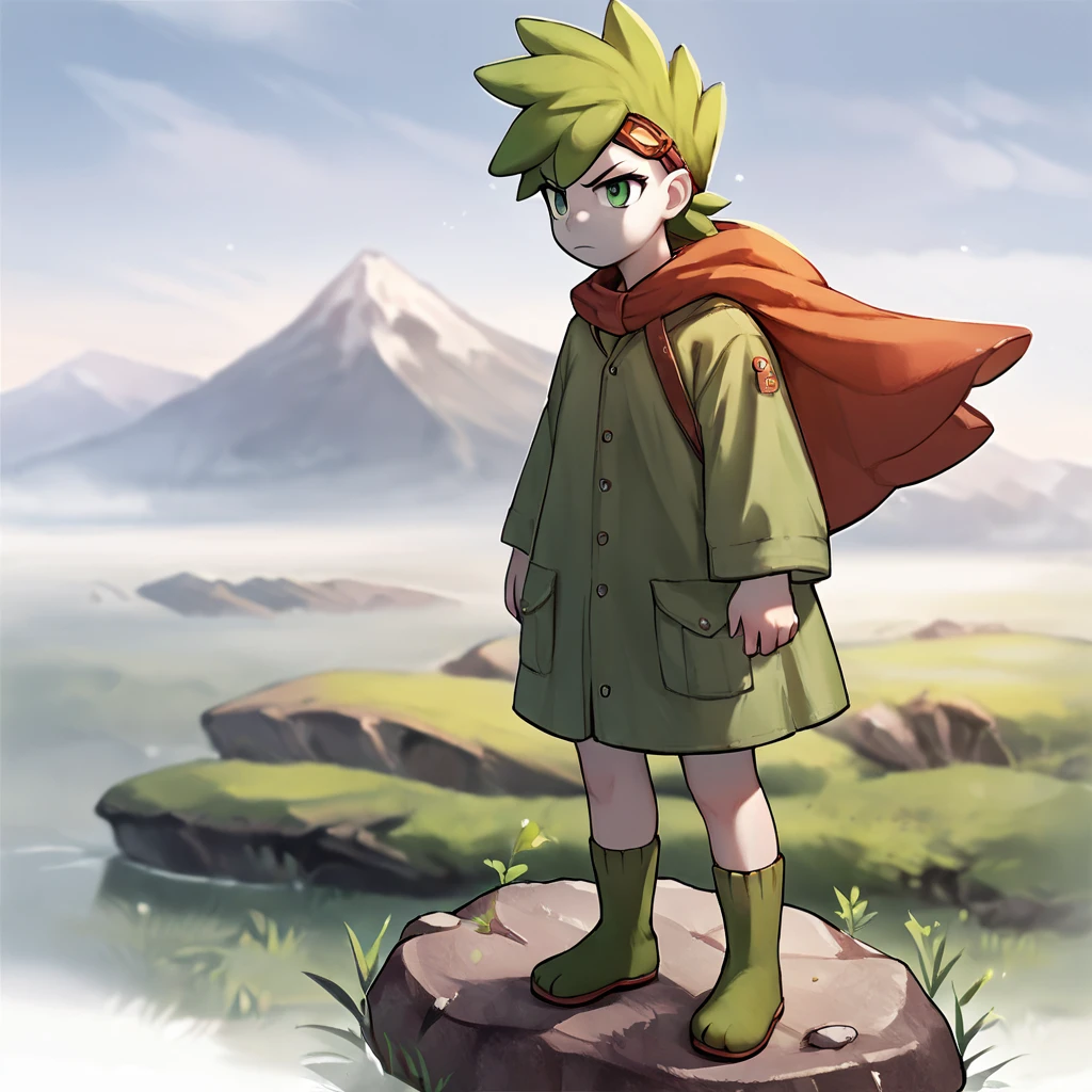 score_9, score_8_up, score_7_up, score_6_up, score_5_up, score_4_up, source_anime,  Shaymin_Human, standing on rock, looking serious in the distance, mountain